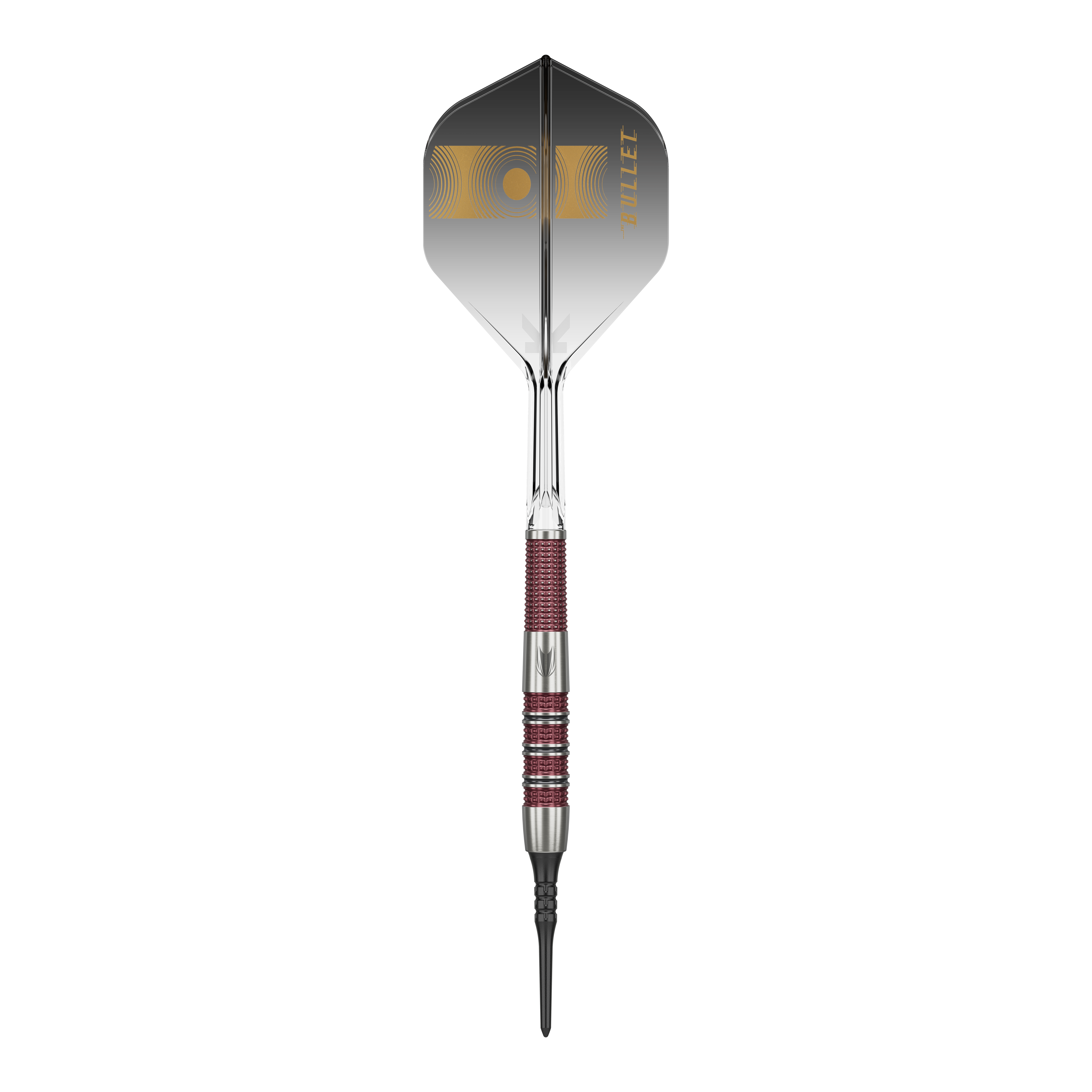 Target Stephen Bunting 95K Soft Darts - 19g Das Bild zeigt einen Target Stephen Bunting 95K Softdart mit einem Gewicht von 19 Gramm. Der Dart hat ein elegantes schwarzes und silbernes Design mit roten Griffbereichen und einer schwarzen Flight mit goldenen Akzenten.