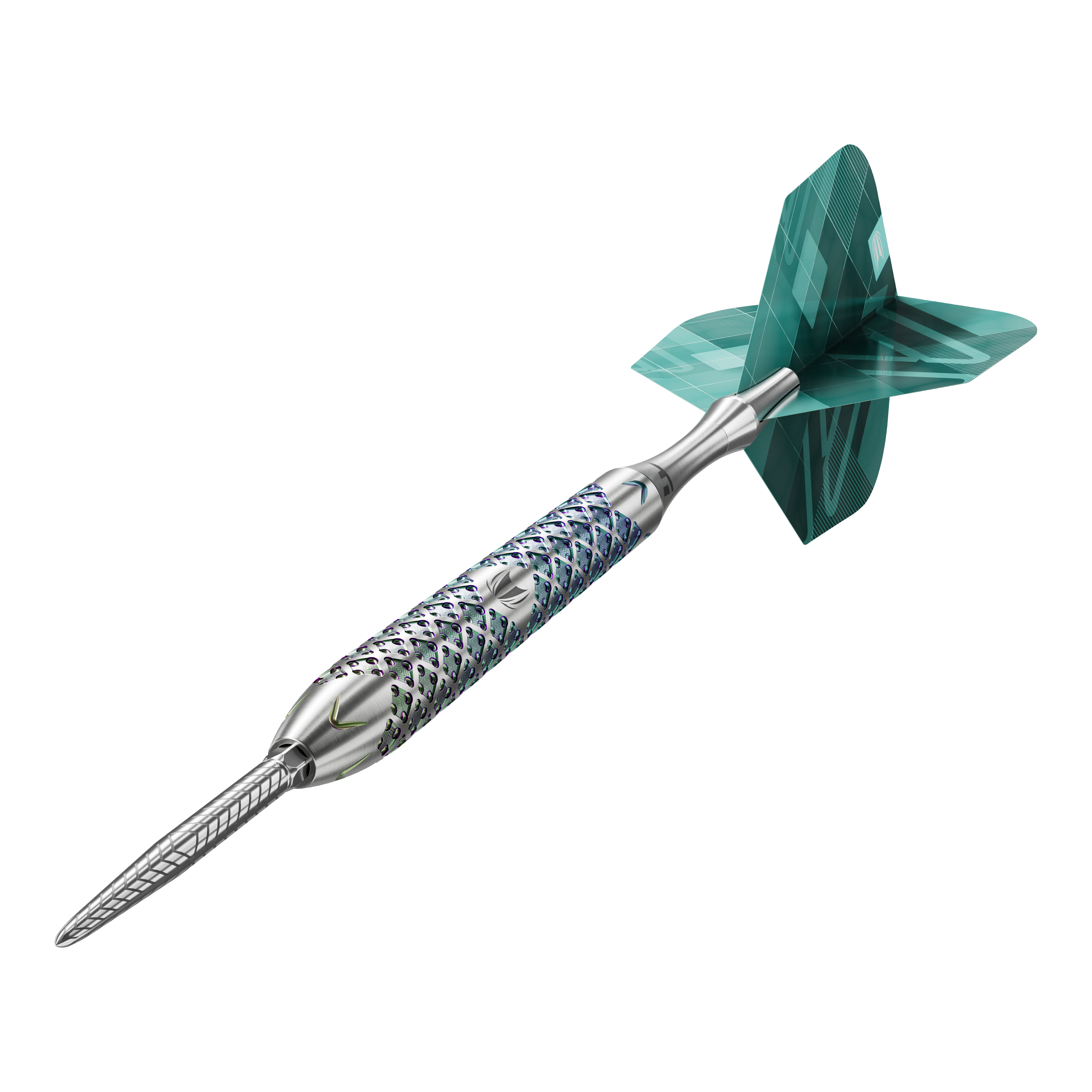 Target Rove 03 Swiss Point steel darts Das Bild zeigt den Target Rove 03 Swiss Point Steeldart. Der Dart hat einen silbernen, strukturierten Schaft und grüne Flights.