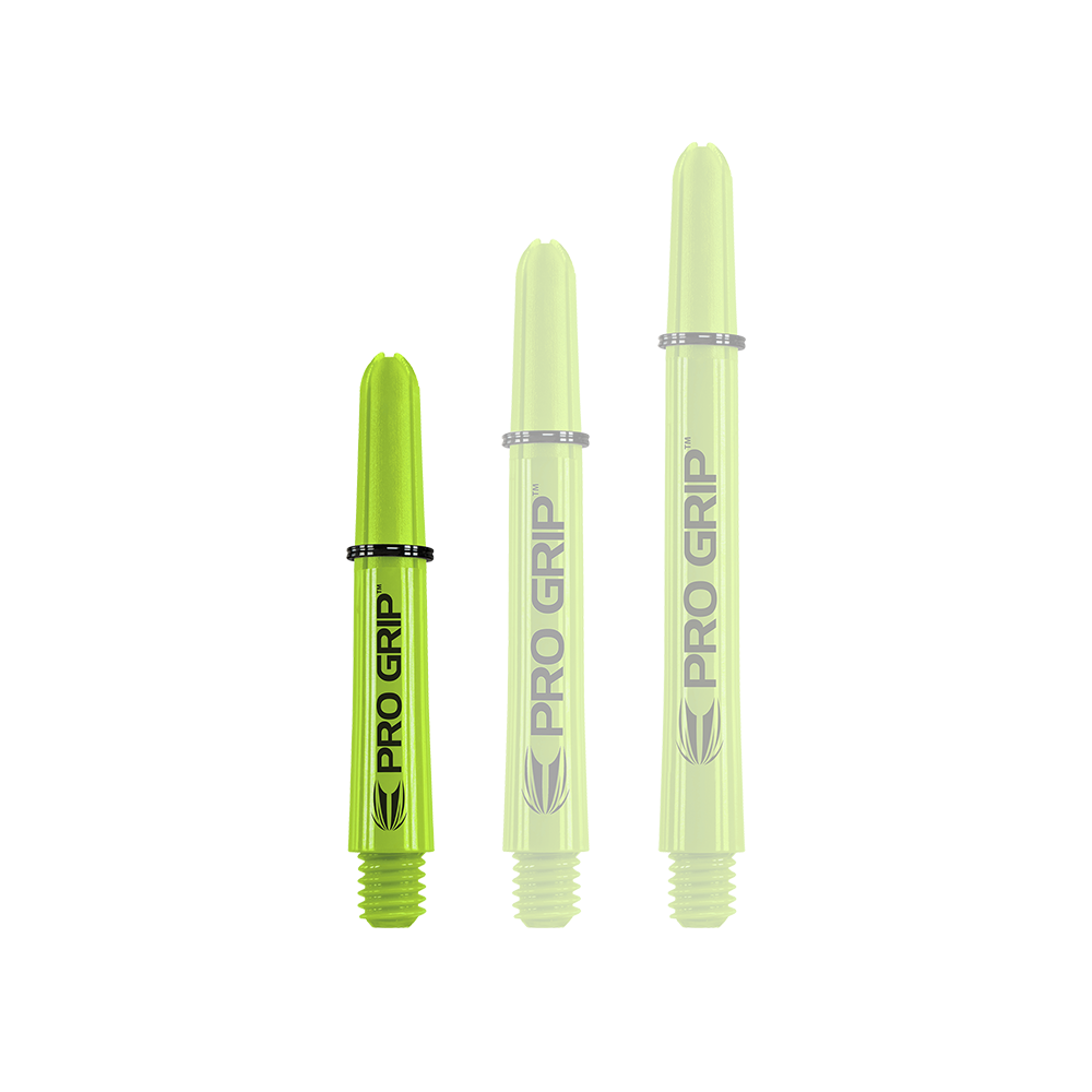 Target Pro Grip Shafts - 3 Sets - Lime Green Das Bild zeigt drei limegrüne Pro Grip Shafts in unterschiedlicher Länge. Auf jedem Schaft steht gut sichtbar der Schriftzug "PRO GRIP".