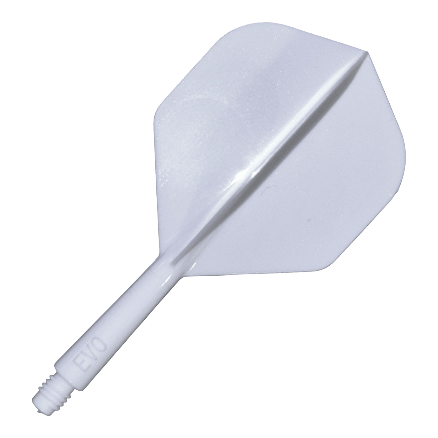 Evolution EVO1 Flight Shaft System - White Das Bild zeigt das Evolution EVO1 Flight-Shaft-System in Weiß. Es handelt sich um ein Zubehör für Darts, das aus einem weißen Schaftsystem besteht.