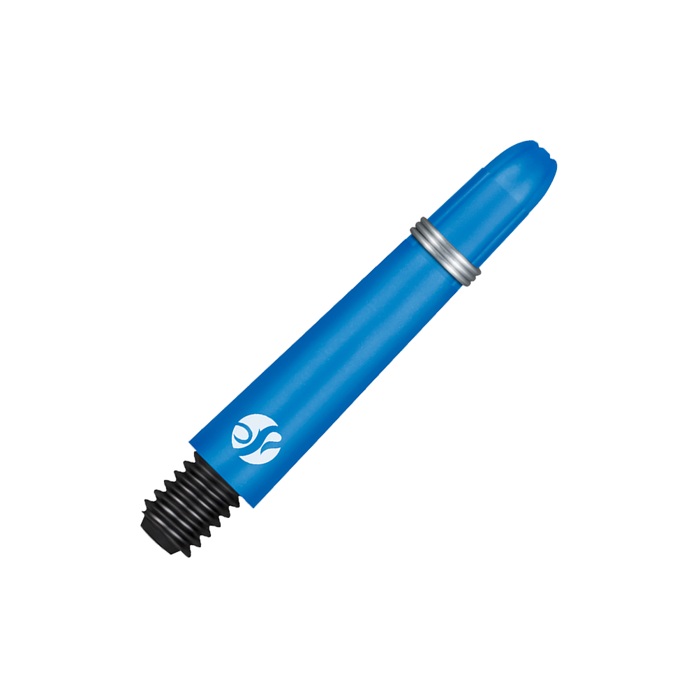 Shot Koi Carbon Shafts - Blue Das Bild zeigt einen blauen Carbon-Schaft mit einem schwarzen Gewinde und einem silbernen Ring. Es handelt sich um einen Ersatzschaft für einen Dartpfeil.