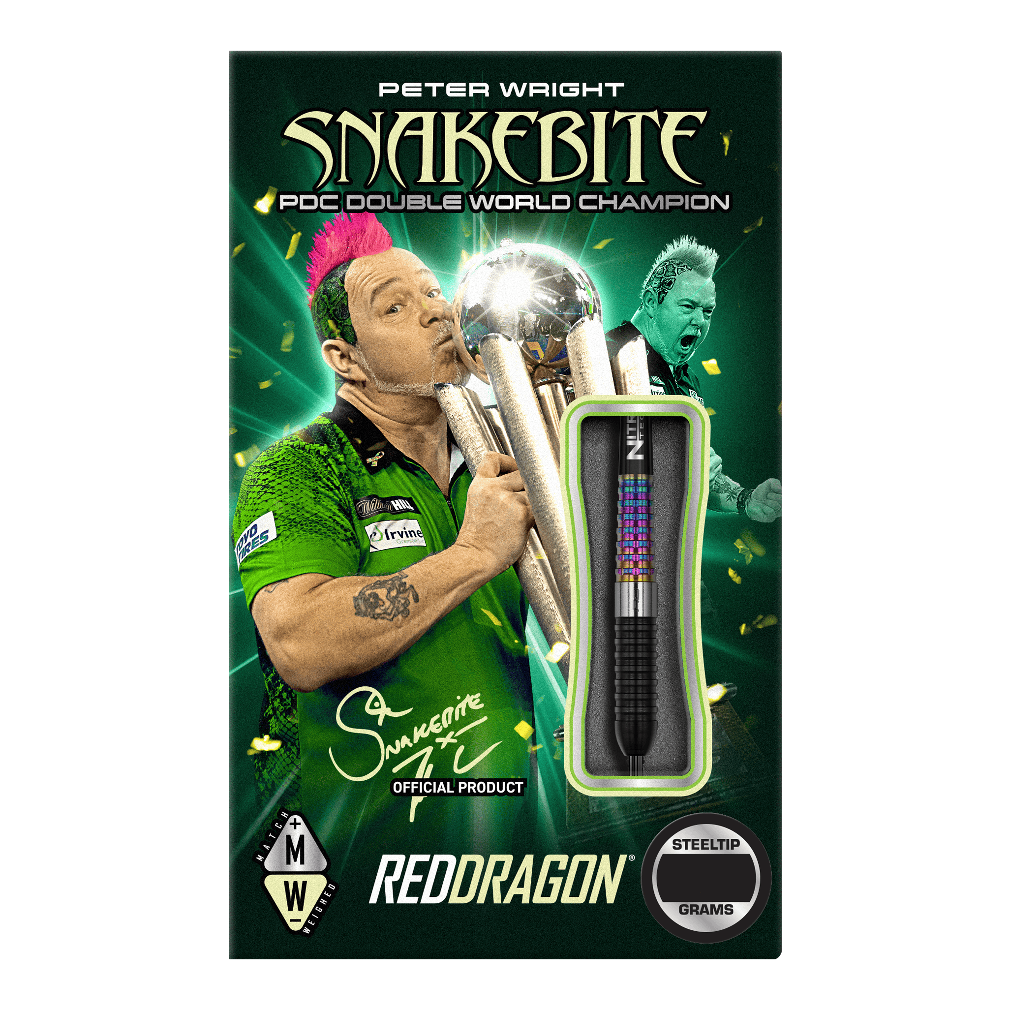 Red Dragon Peter Wright Corra steel darts Das Bild zeigt die Verpackung der "Red Dragon Peter Wright Corra Steeldarts". Auf der Verpackung ist Peter Wright mit einer Trophäe sowie ein Dartpfeil abgebildet.