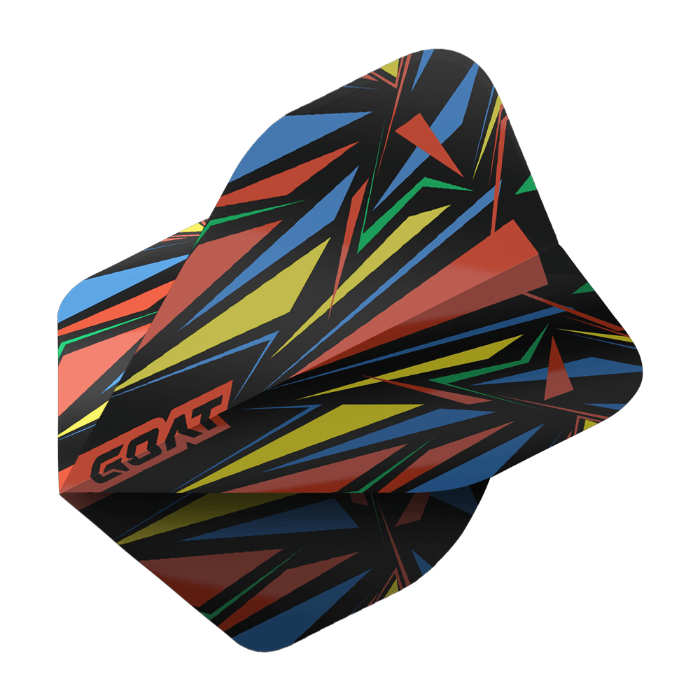 Das Bild zeigt das Produkt "GOAT Athlete Red No2 Standard Flights". Die Dartflights haben ein auffälliges, buntes Zickzack-Muster mit roten, gelben, grünen und blauen Farben.
