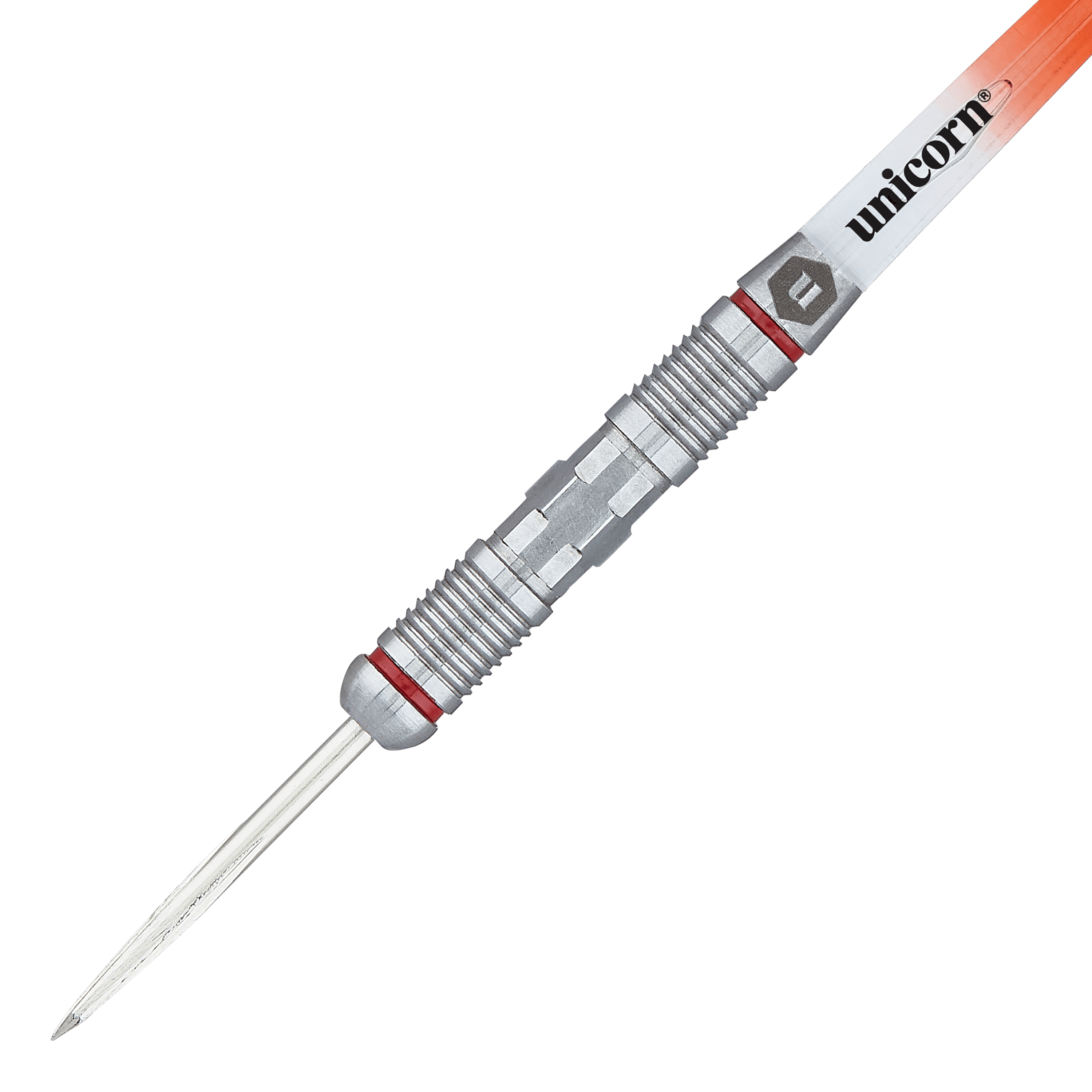 Unicorn Ballista Style 2 steel darts Das Bild zeigt einen Unicorn Ballista Style 2 Steeldart mit silbernem, strukturiertem Griff. Am oberen Teil ist das Unicorn-Logo auf einem orange-weißen Schaft zu sehen.
