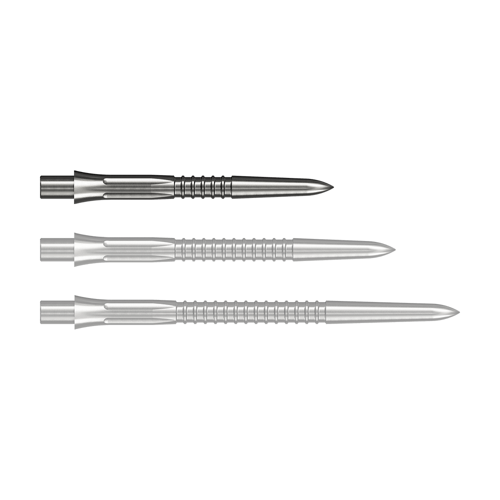 Mission Caliburn EVO dart tips GV1 - silver Das Bild zeigt Steeldartspitzen in Silber mit einer Länge von 26 mm. Einzelne Spitzen sind gut erkennbar dargestellt.