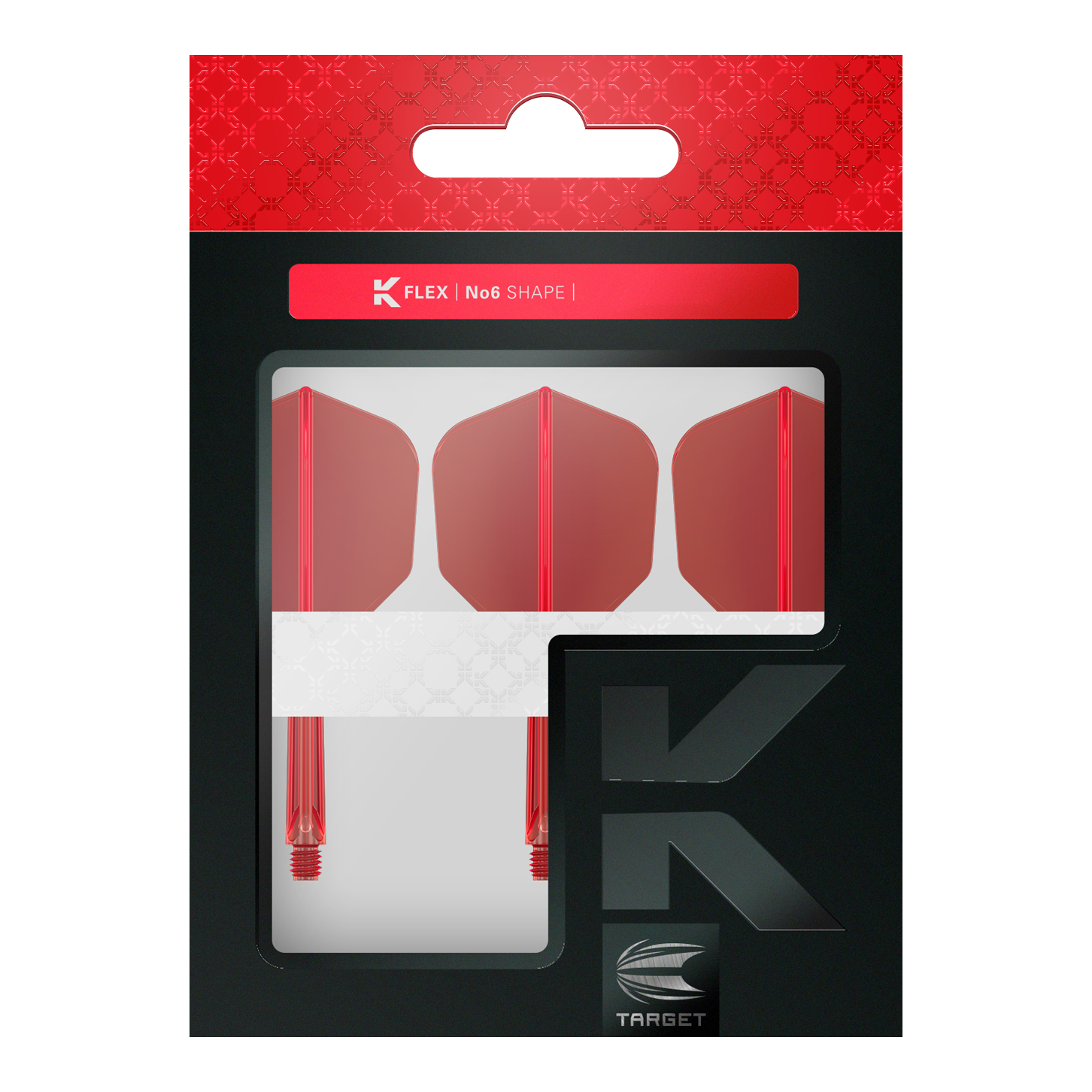 Das Bild zeigt eine Verpackung mit drei roten Dartflights und -shafts. Auf der Verpackung steht "K FLEX No6 SHAPE" und sie hat ein modernes Design mit Rot und Schwarz.