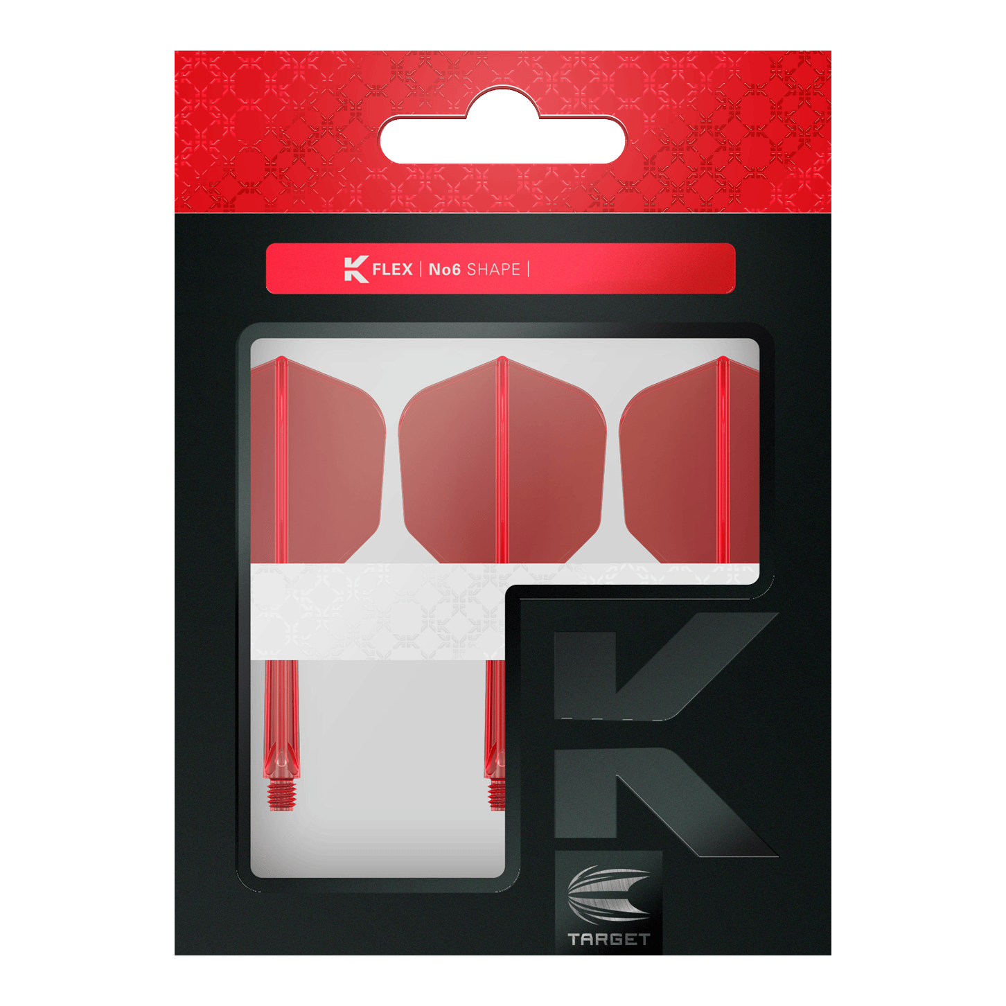 Target K-Flex No6 Flight System - Red Das Bild zeigt eine Verpackung mit drei roten Dartflights und -shafts. Auf der Verpackung steht "K FLEX No6 SHAPE" und sie hat ein modernes Design mit Rot und Schwarz.