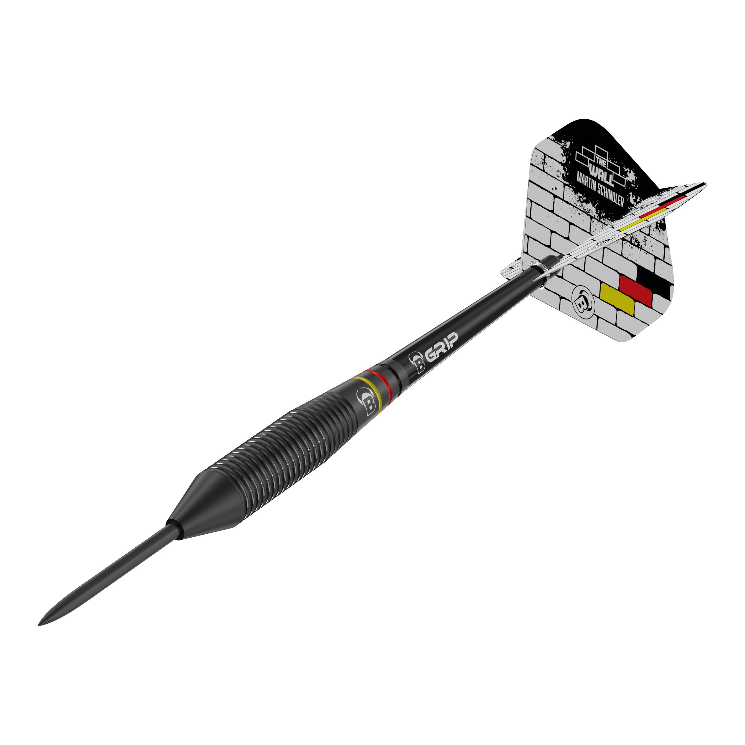 Bulls Martin Schindler The Wall Black Brass Steeldarts Auf dem Bild ist ein schwarzer Steeldart mit der Aufschrift "Bulls Martin Schindler The Wall Black Brass Steeldarts" zu sehen. Die Flights zeigen ein Ziegelsteinmuster mit Schwarz-Rot-Goldenen Akzenten.