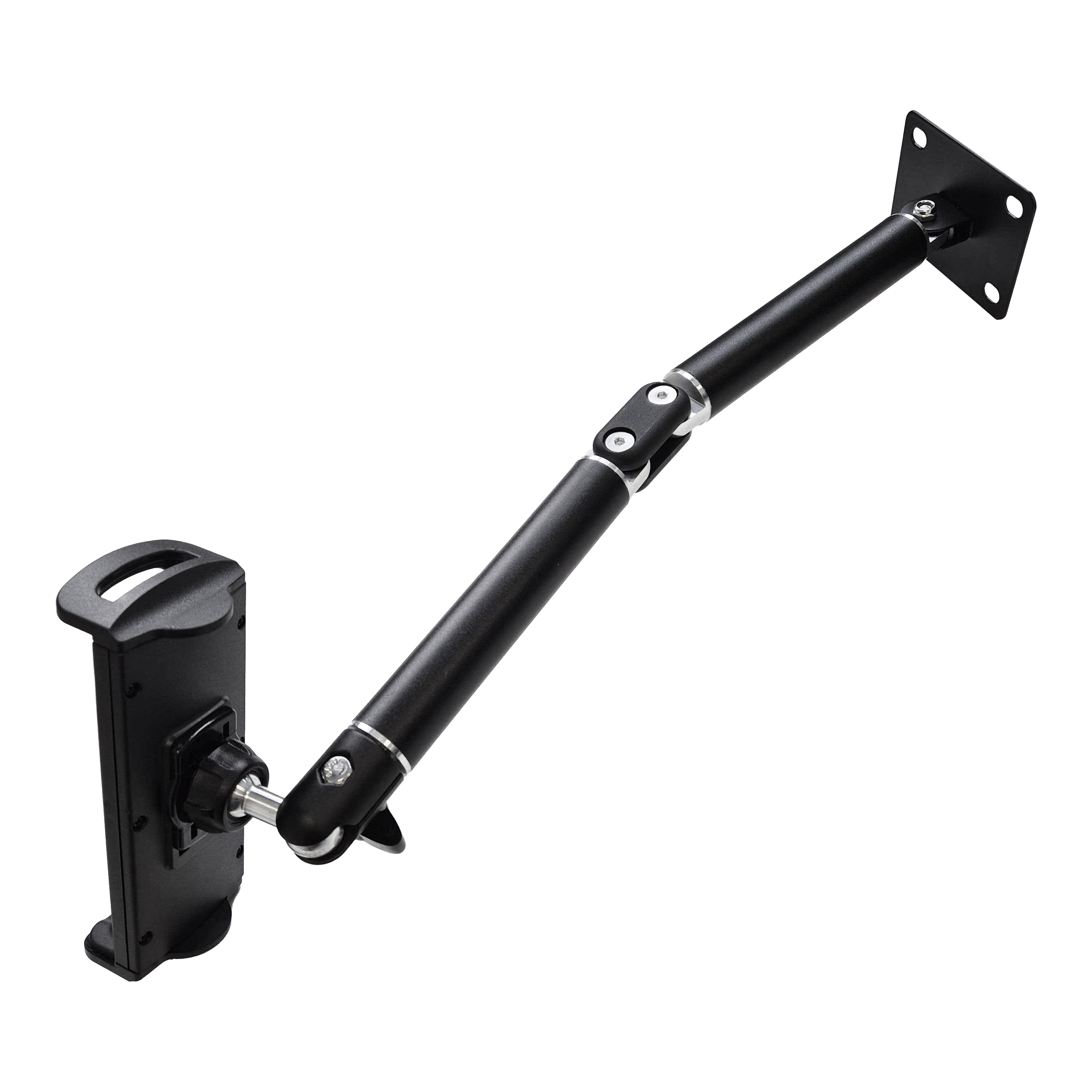 McDart TABFlex tablet wall mount with flexible arm Dieses Bild zeigt die McDart TABFlex Tablet Wandhalterung mit flexiblem Arm. Die Halterung ist schwarz und lässt sich an der Wand befestigen, um ein Tablet flexibel auszurichten.