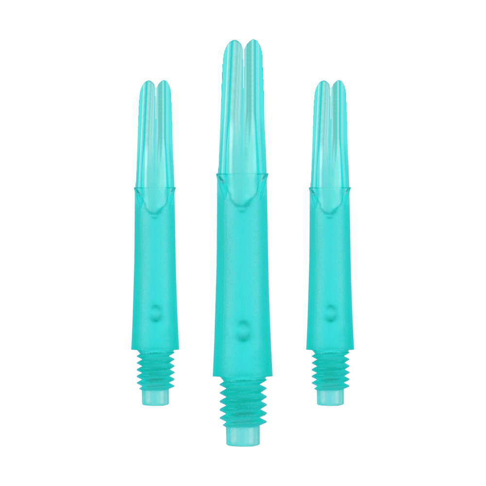 L-L-Style-Shafts Locked Straight - Emerald Das Bild zeigt drei türkisfarbene Dartshafts aus Kunststoff in einer Reihe. Sie haben ein gerades Design und sind unten mit einem Gewinde versehen.