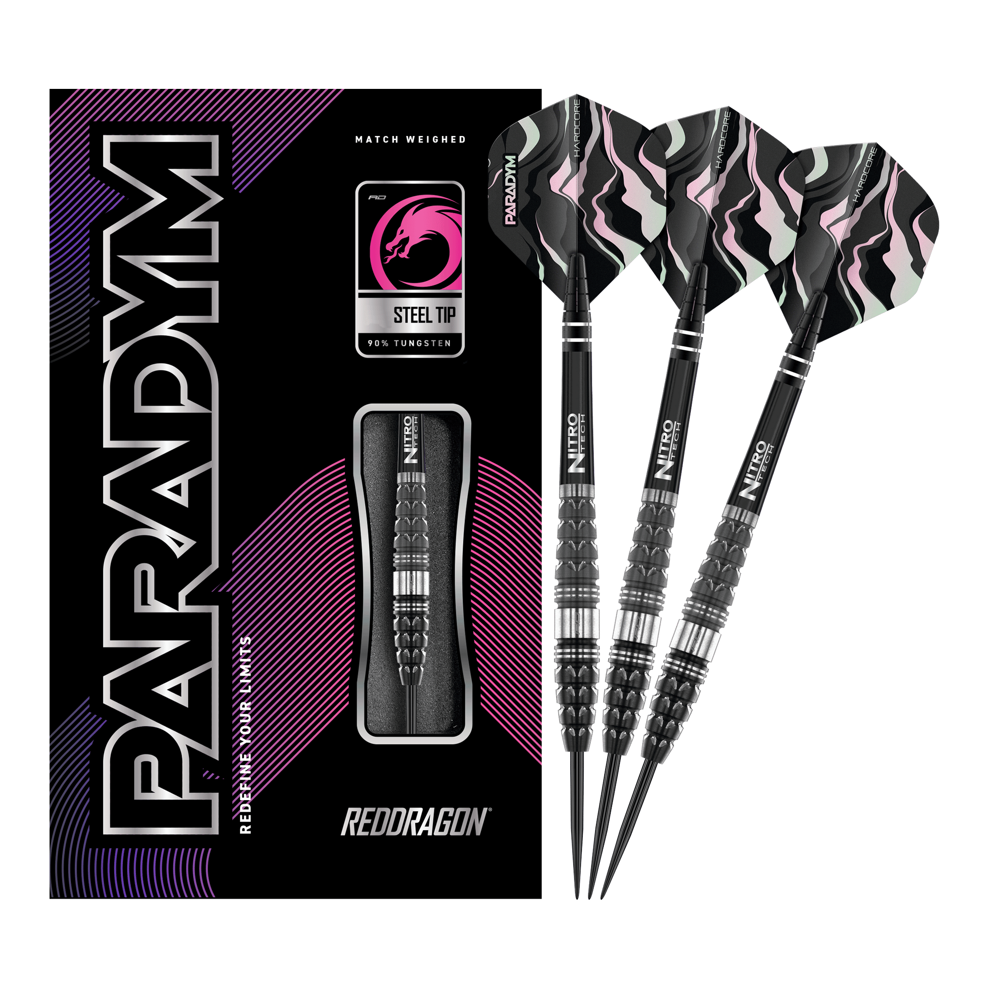 Red Dragon Paradym Torpedo Steel Darts Das Bild zeigt die Red Dragon Paradym Torpedo Steeldarts zusammen mit ihrer Verpackung. Die Darts haben ein schwarz-silbernes Design und sind für Präzision und Langlebigkeit bekannt.