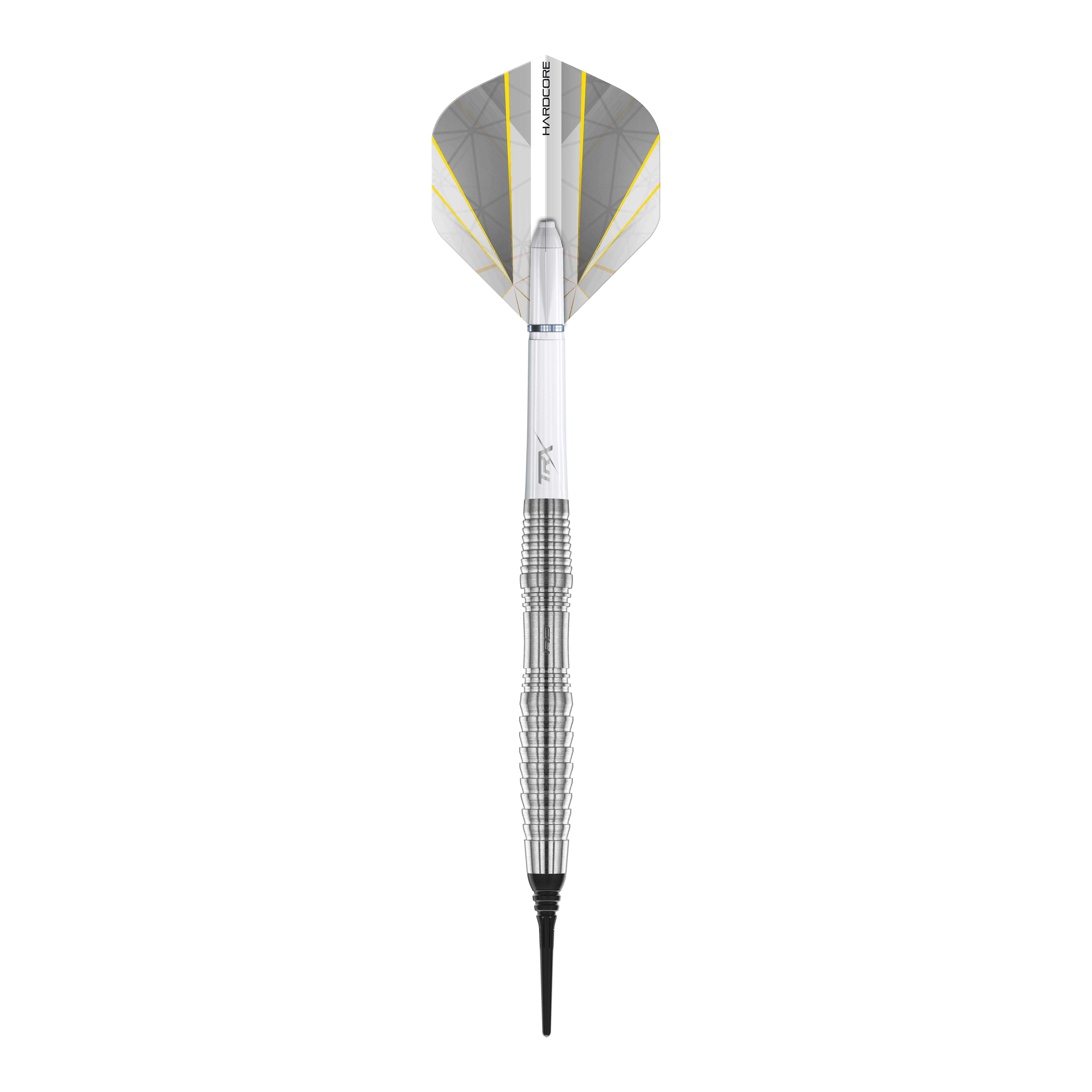 Red Dragon Seren 3 Pure Softdarts - 20g Das Bild zeigt einen Red Dragon Seren 3 Pure Softdart mit einem Gewicht von 20g. Der Dart hat ein silberfarbenes, geriffeltes Barrel und weiße Flights mit gelben Akzenten.