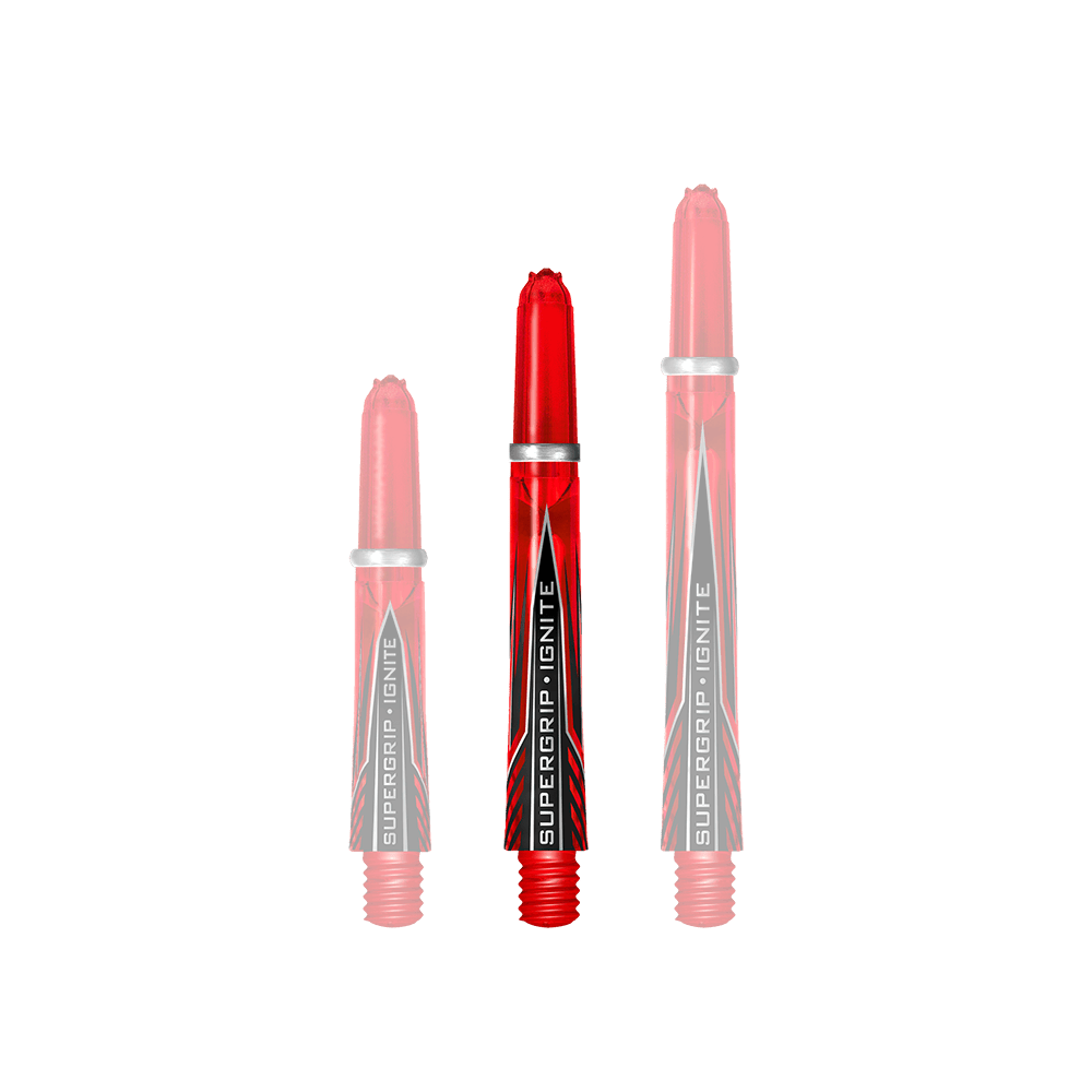 Das Bild zeigt drei rote Harrows Supergrip Ignite Shafts in verschiedenen Längen. Die Shafts haben ein auffälliges Design mit schwarzen und silbernen Akzenten.
