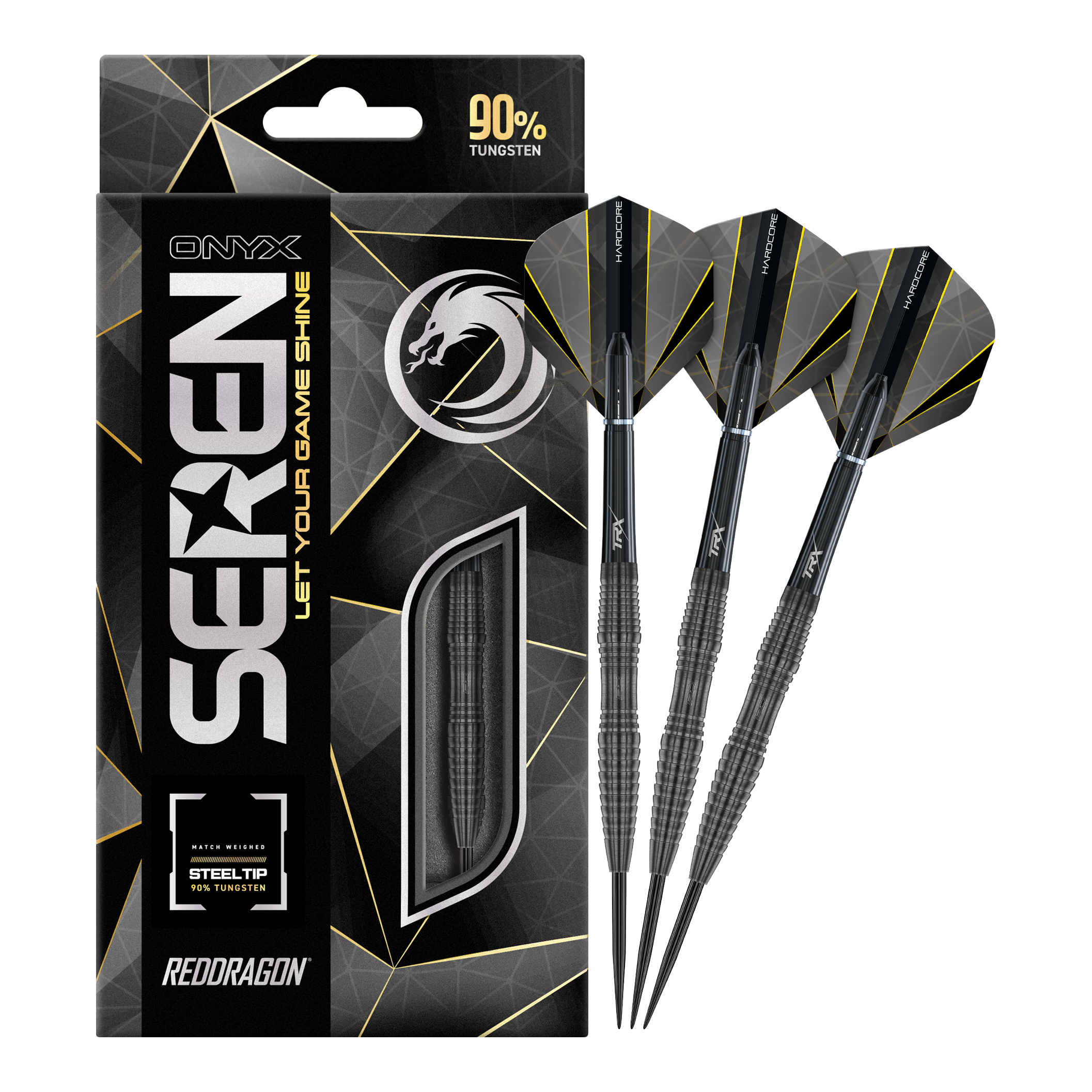 Red Dragon Seren 3 Onyx Steeldarts Das Bild zeigt die Red Dragon Seren 3 Onyx Steeldarts mit einer schwarzen Verpackung. Drei schwarze Steeldarts mit modernen Flights sind neben der Verpackung abgebildet.