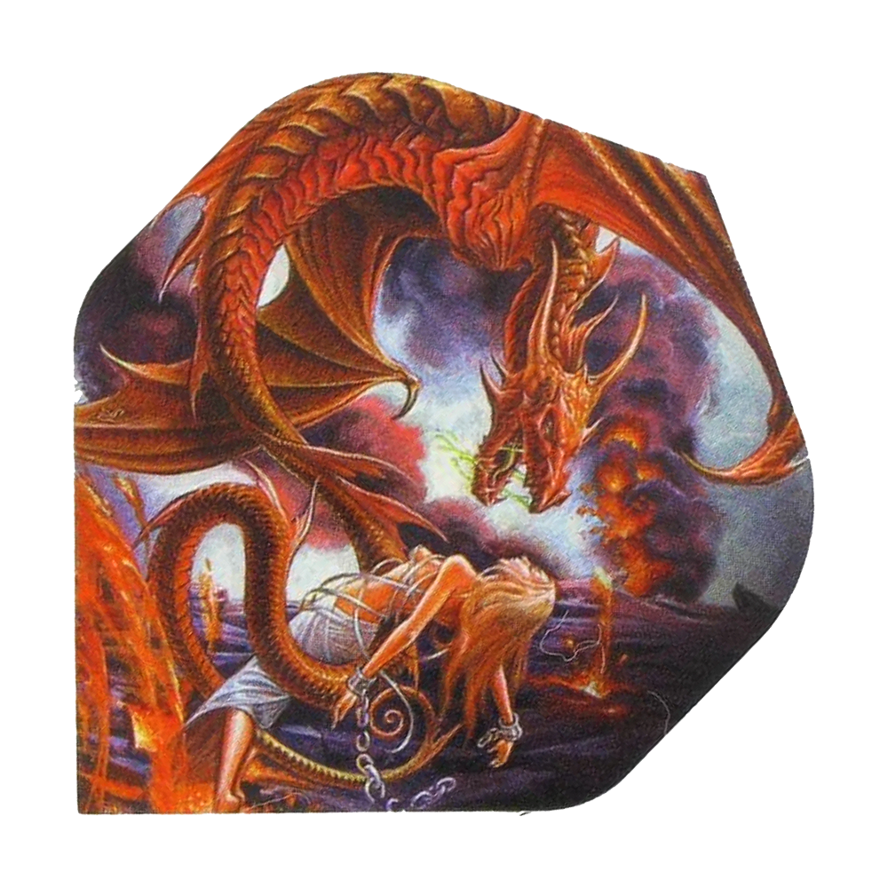 Auf dem Bild ist ein roter Drache zu sehen, der Feuer speit. Vor ihm kniet eine gefesselte Frau, während im Hintergrund Lava und Rauch aufsteigen.