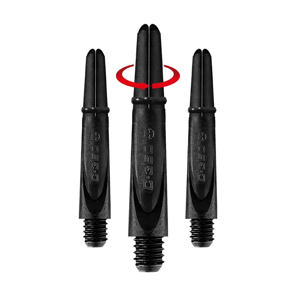 HR458_Harrows_Carbon_360_Shafts_Schwarz_35mm_1-_Symbol Das Bild zeigt drei schwarze Harrows Carbon 360 Shafts für Dartpfeile. Über dem mittleren Shaft ist ein roter Pfeil, der eine Drehbewegung anzeigt.