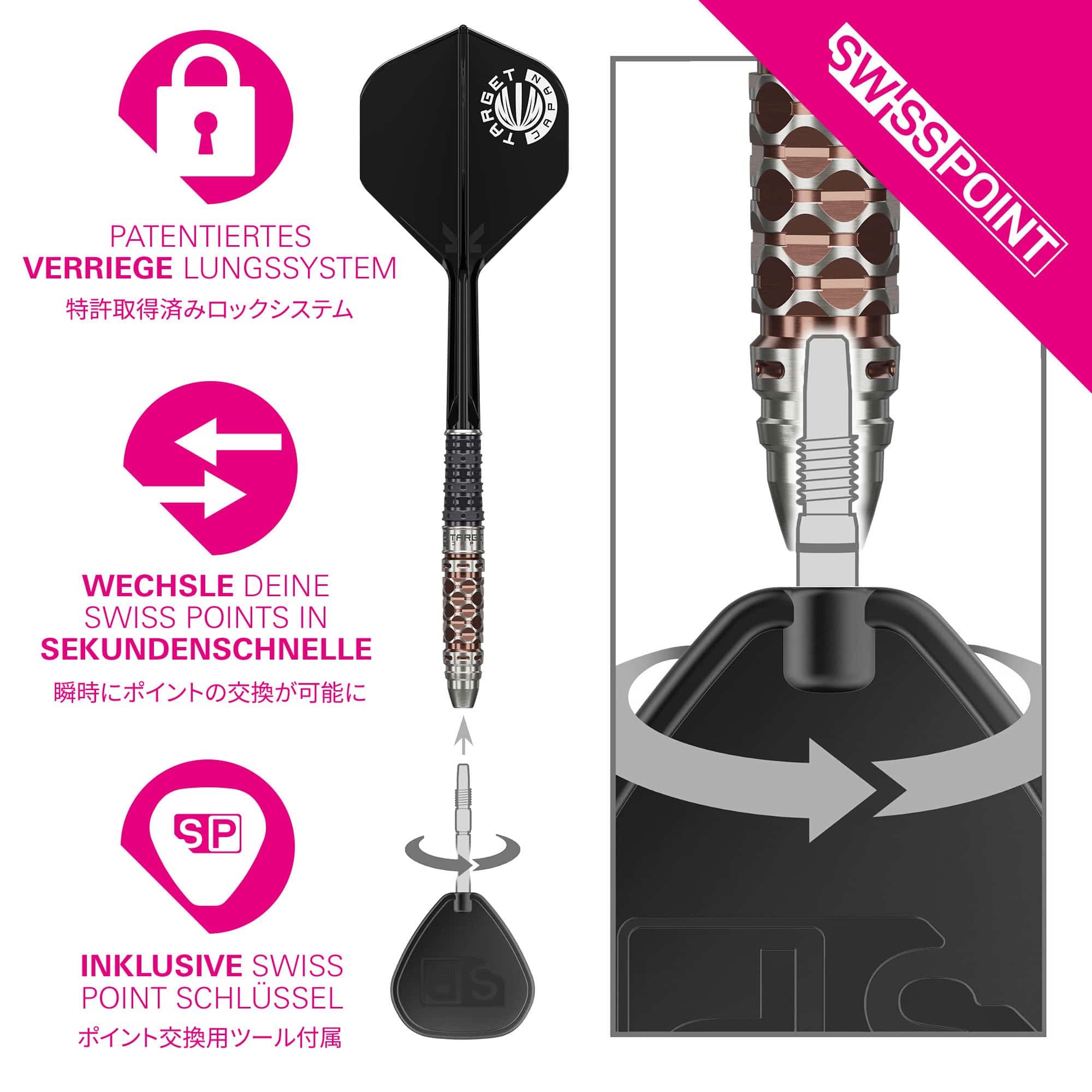 Target Japan Charis GEN6 Swiss Point Steel Darts - 23g Das Bild zeigt die Target Japan Charis GEN6 Swiss Point Steeldarts, 23g. Diese Darts sind für professionelle Spieler geeignet und sehen hochwertig aus.