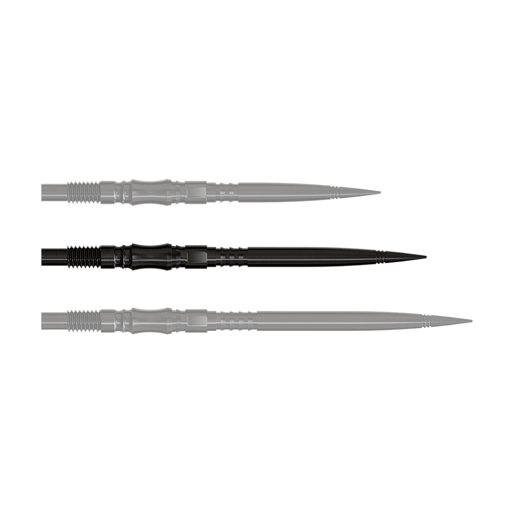 Axis Black Elite Series Dartspitzen in 35mm Länge sind zu sehen. Die Spitzen sind schwarz und schlank.