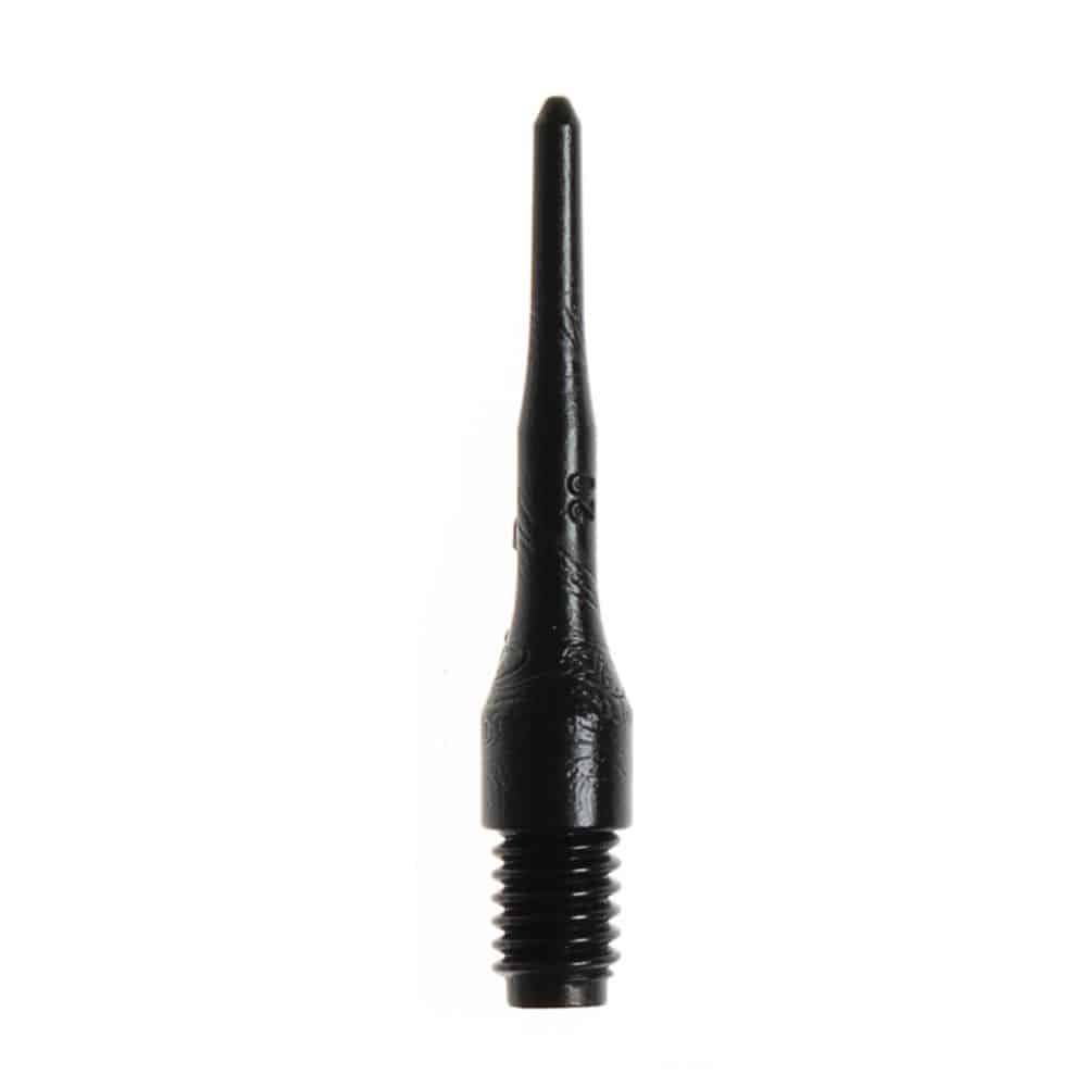 Evo-Long-Spitze-Schwarz Das Bild zeigt eine einzelne, schwarze Dartspitze mit Schraubgewinde. Es handelt sich um das Produkt "Evolution LONG-Spitzen (500er Pack)".