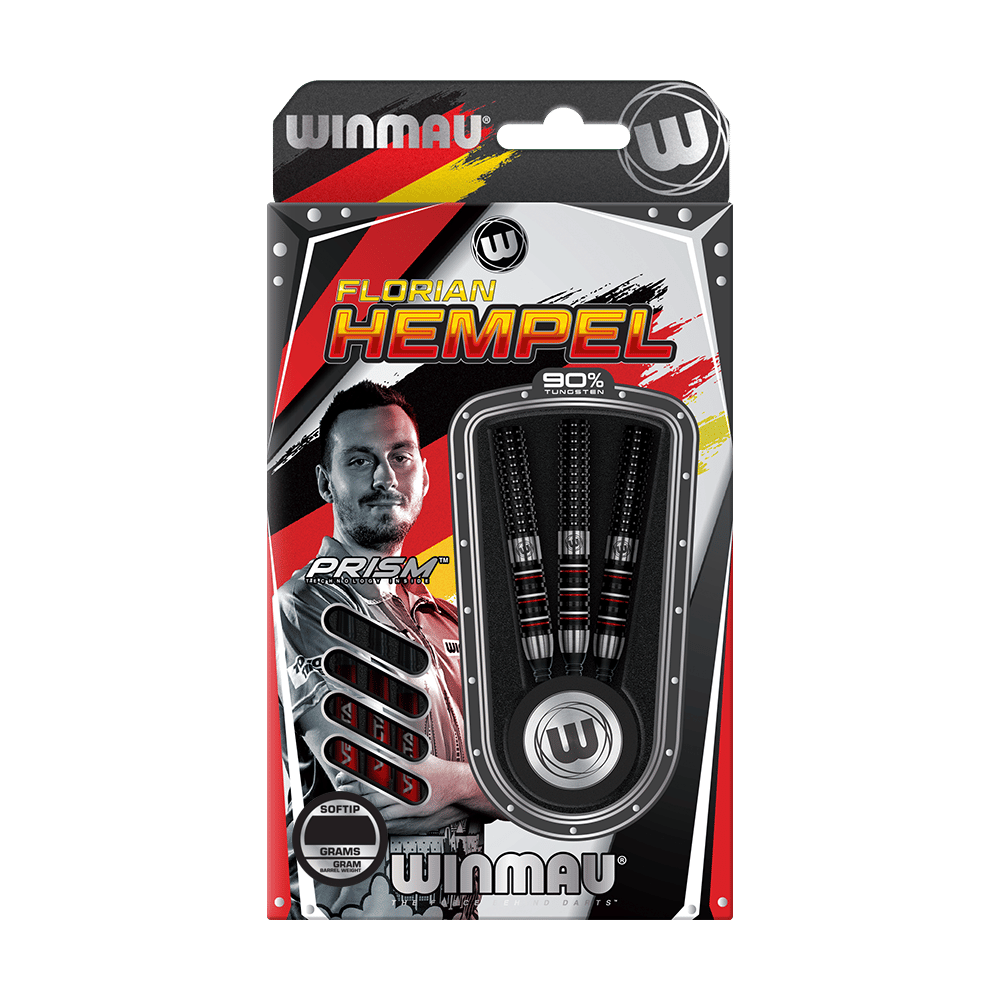 2466_Winmau_Florian_Hempel_Softdarts_3 Die Abbildung zeigt die Verpackung der "Winmau Florian Hempel Softdarts - 21g". In der Packung sind drei schwarze Softdarts mit roten und silbernen Akzenten zu sehen.