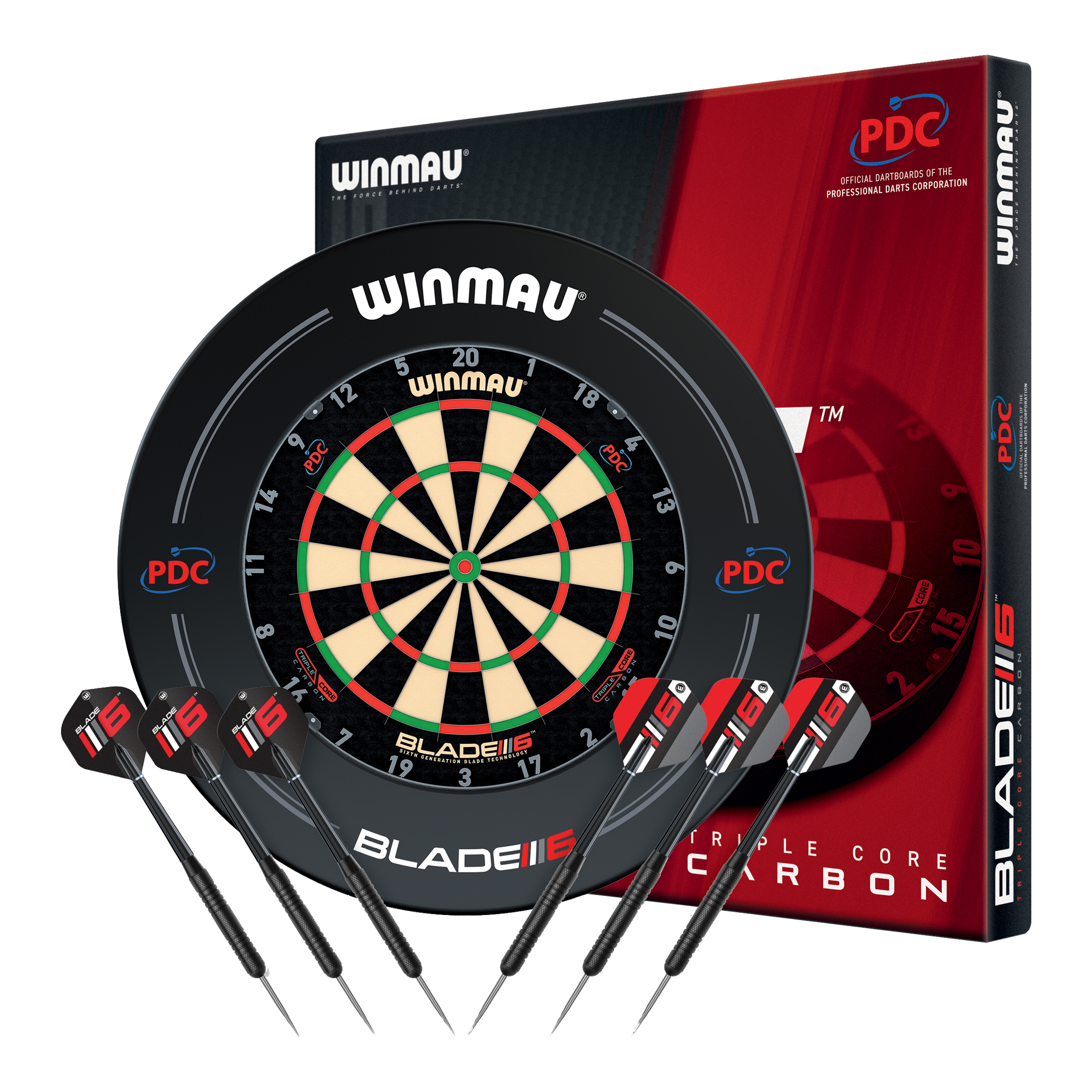 Winmau Blade 6 Triple Core Set with PDC Surround and 2 sets of darts Das Bild zeigt das Winmau Blade 6 Triple Core Set mit PDC Surround und zwei Sets Darts. Dieses Dart-Set eignet sich ideal für Einsteiger und Fortgeschrittene.