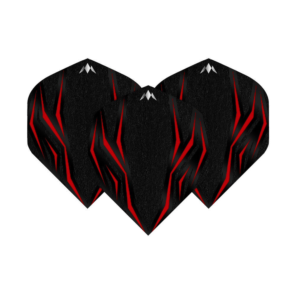 Mission Lava Red No2 Standard Flights Das Bild zeigt drei schwarze Dartflights mit roten, lavaähnlichen Mustern. Die Flights sind das Modell "Mission Lava Red No2 Standard Flights".