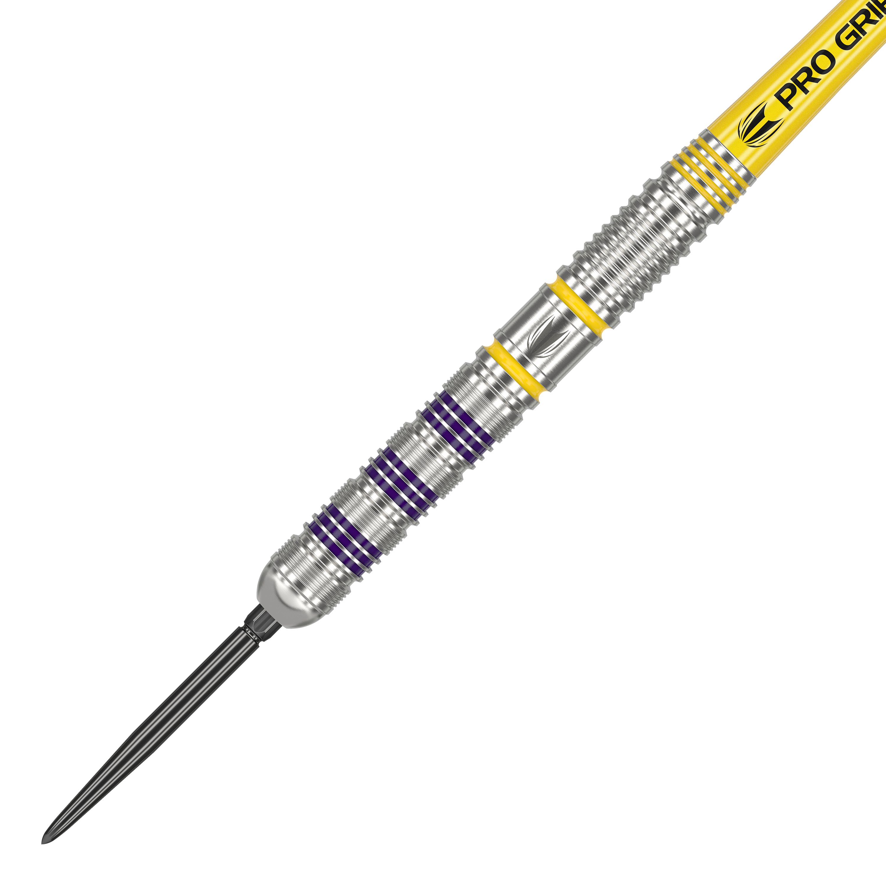 Target Luke Littler Loadout Swiss Point Steel Darts Das Bild zeigt einen Target Luke Littler Loadout Swiss Point Steeldart. Der Dart hat ein silbernes Barrel mit lila und gelben Akzenten sowie einen gelben Shaft mit "Pro Grip"-Aufdruck.