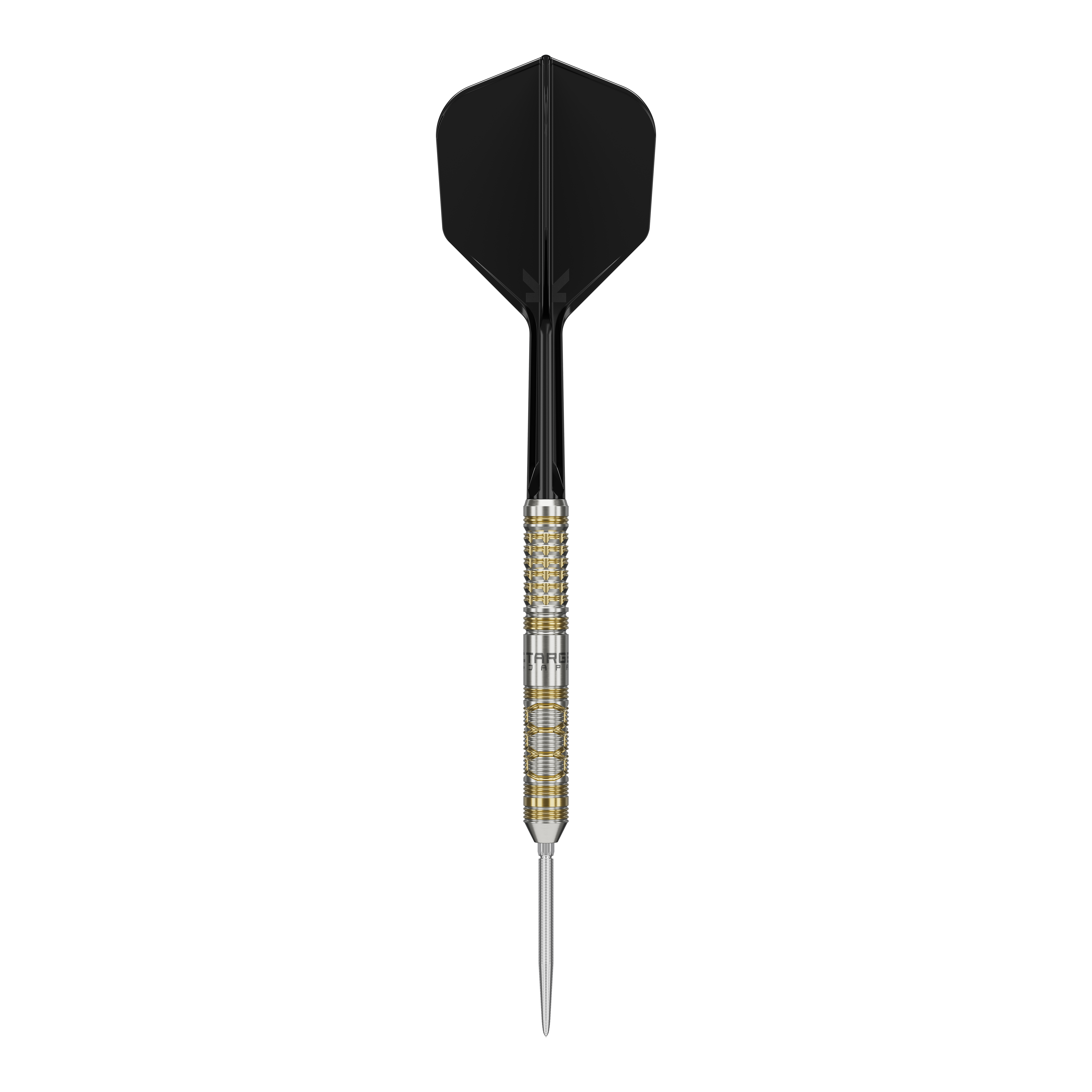 Target Japan Black Marque Reyn GEN2 steel darts Das Bild zeigt einen Steeldart mit schwarzem Flight und gold-silbernem Barrel. Es handelt sich um das Produkt "Target Japan Black Marque Reyn GEN2 Steeldarts".
