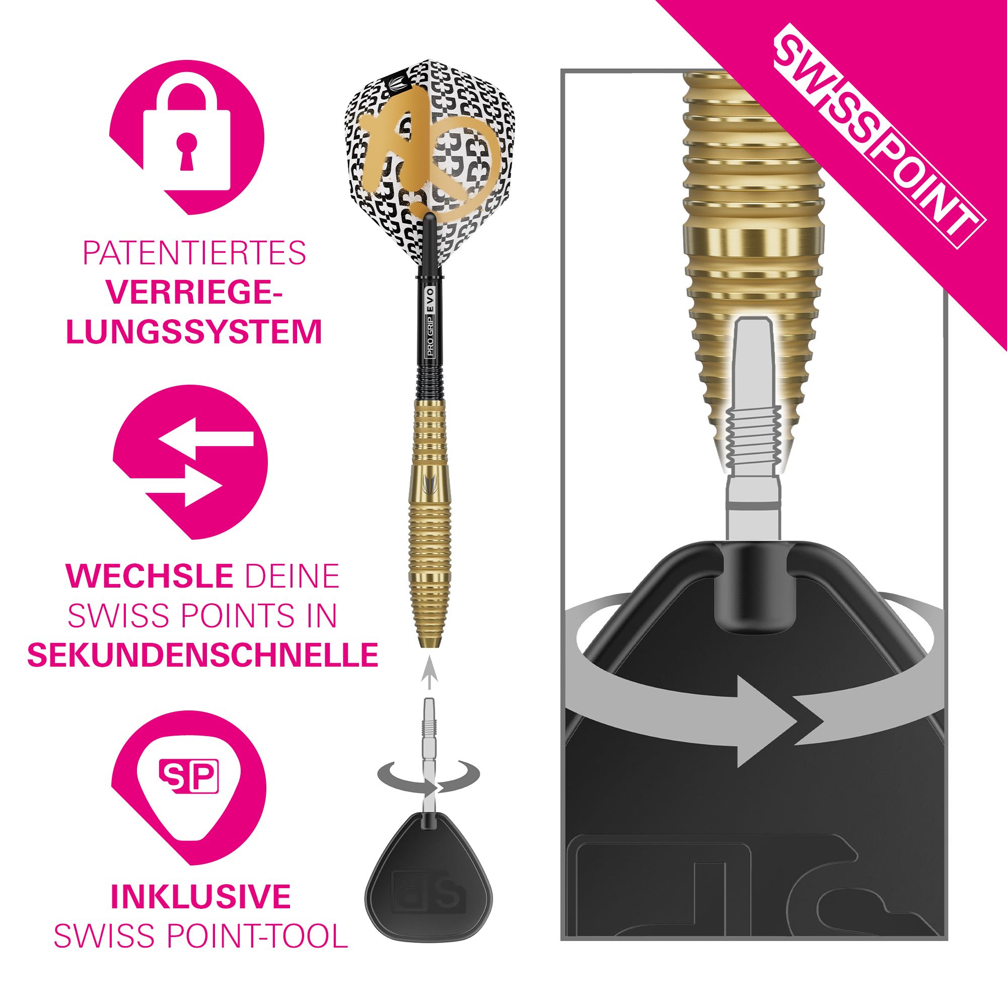 Target Bolide Envy 05 Swiss Point steel darts Abgebildet sind Target Bolide Envy 05 Swiss Point Steeldarts. Die Darts sind ordentlich angeordnet und zeigen feine Details im Schaft.