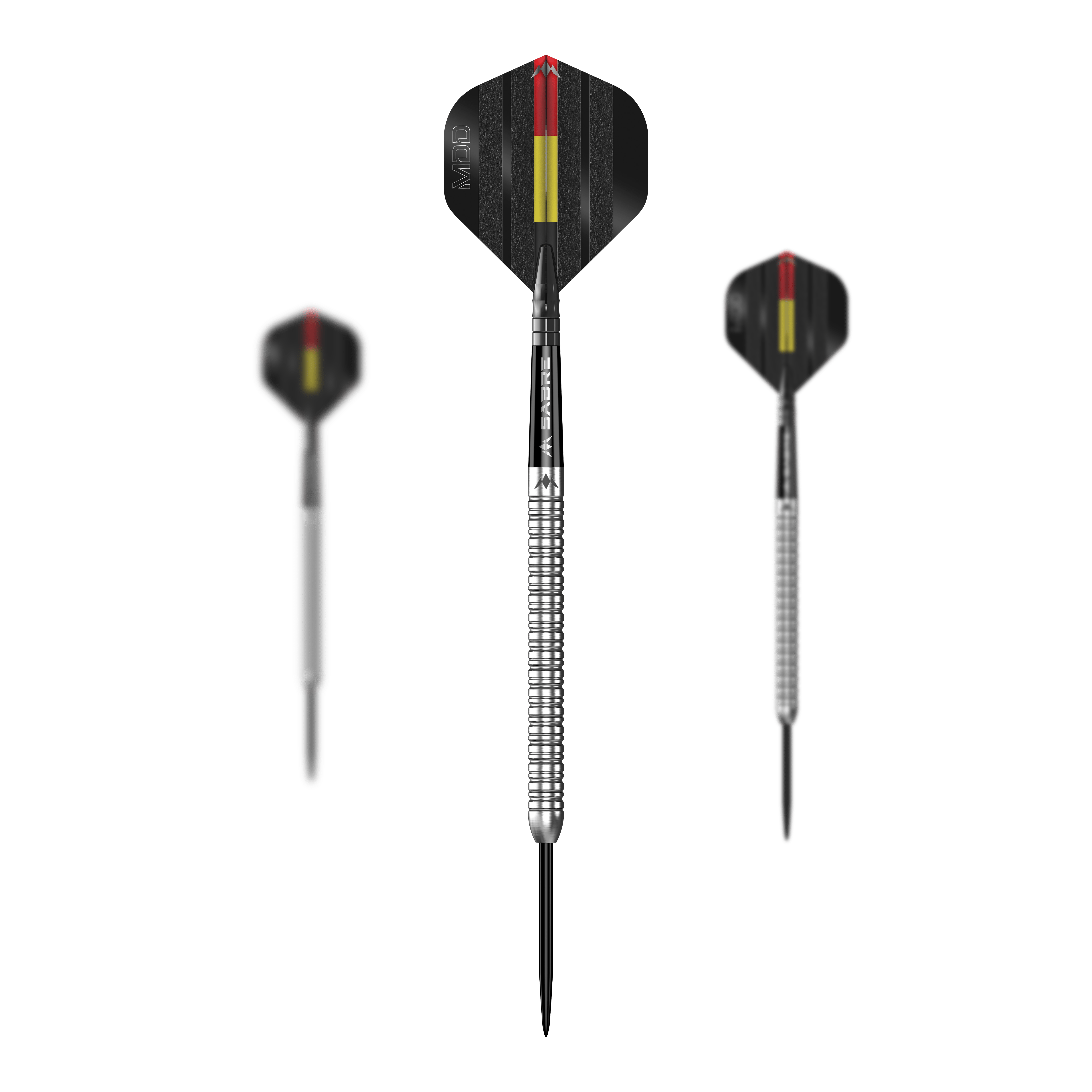 Mission Mike De Decker MDD Silver Steel Darts Das Bild zeigt drei silberne Steeldarts des Modells "Mission Mike De Decker MDD Silver". Die Flights sind schwarz mit roten und gelben Streifen gestaltet.