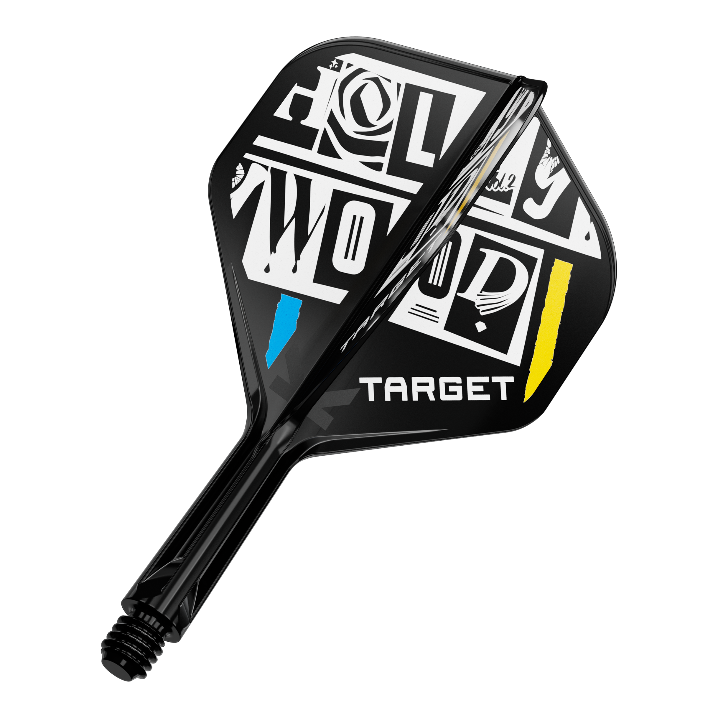 Das Bild zeigt einen Dartpfeil-Flügel mit auffälligem schwarz-weißem Design und den farbigen Akzenten Blau und Gelb. Auf dem Flügel steht das Wort "TARGET" und ein grafisch gestalteter Schriftzug "HOLLYWOOD".