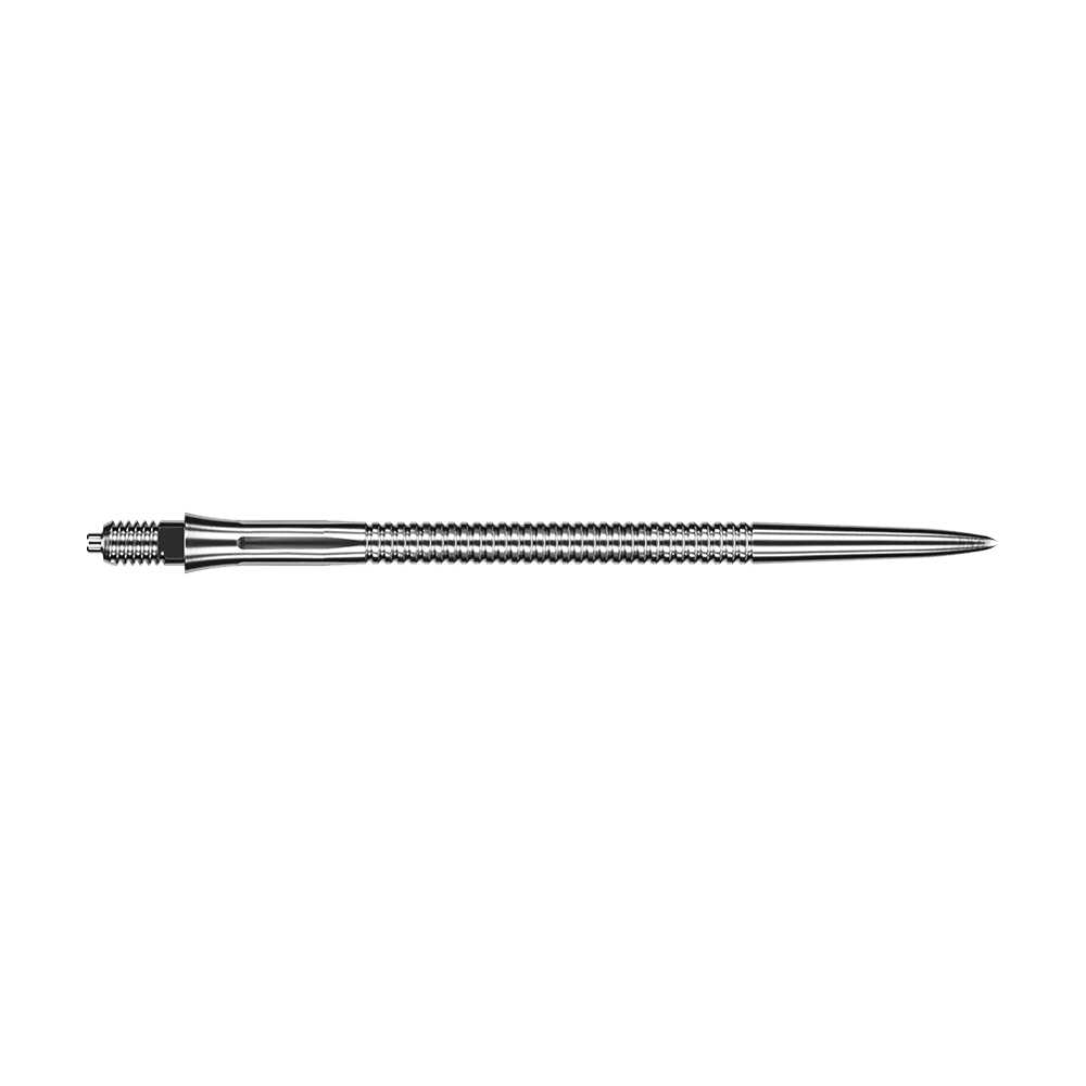 Caliburn EZ-EVO dart tips - Grooved - Silver Das Bild zeigt eine silberne Dartspitze mit Rillen. Die Dartspitze ist vermutlich 45mm lang.