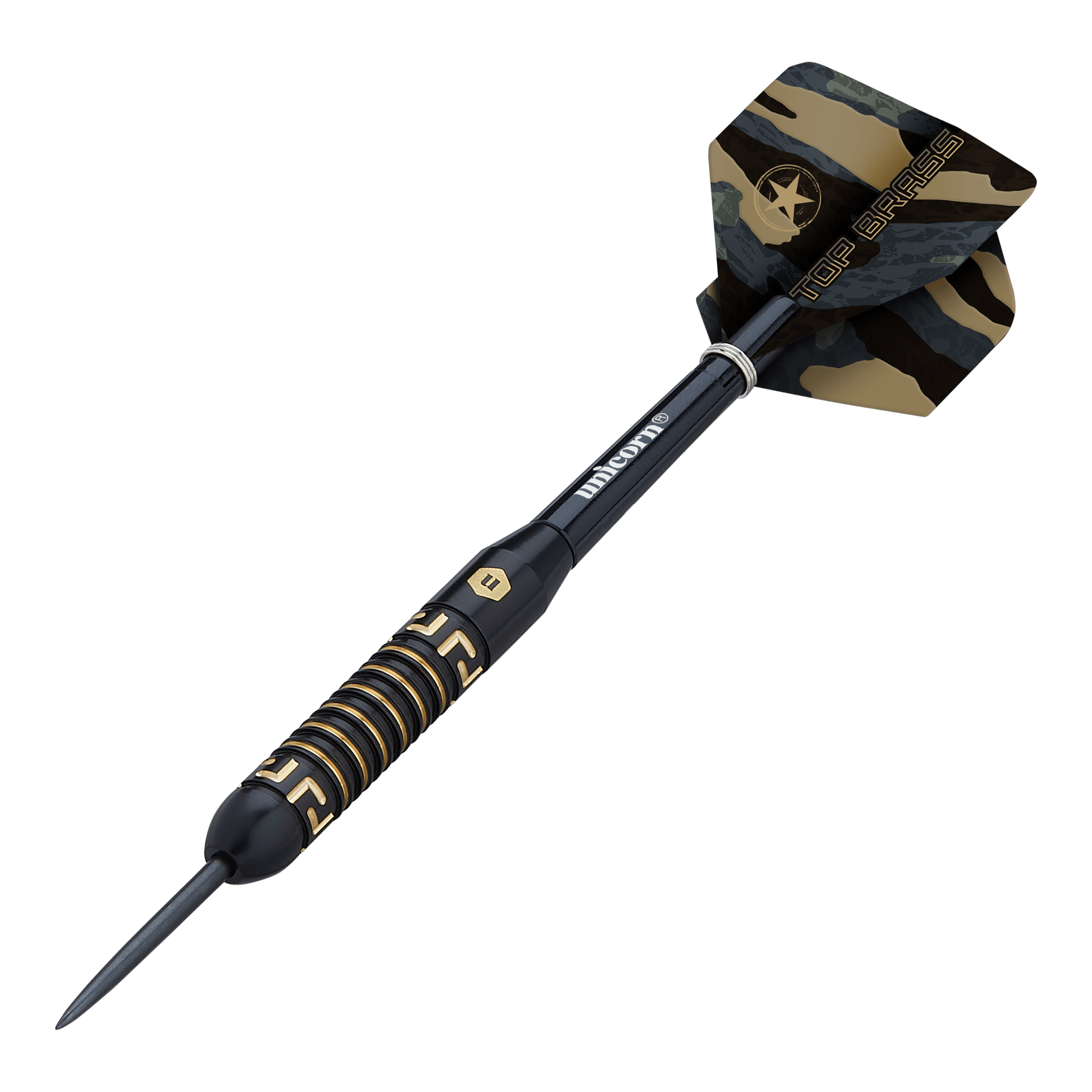 Dies ist ein Steeldart namens "Unicorn Top Brass V1" mit einem Gewicht von 20g. Der Dart hat ein schwarzes und goldenes Design sowie einen Camouflage-Flügel mit der Aufschrift "Top Brass".