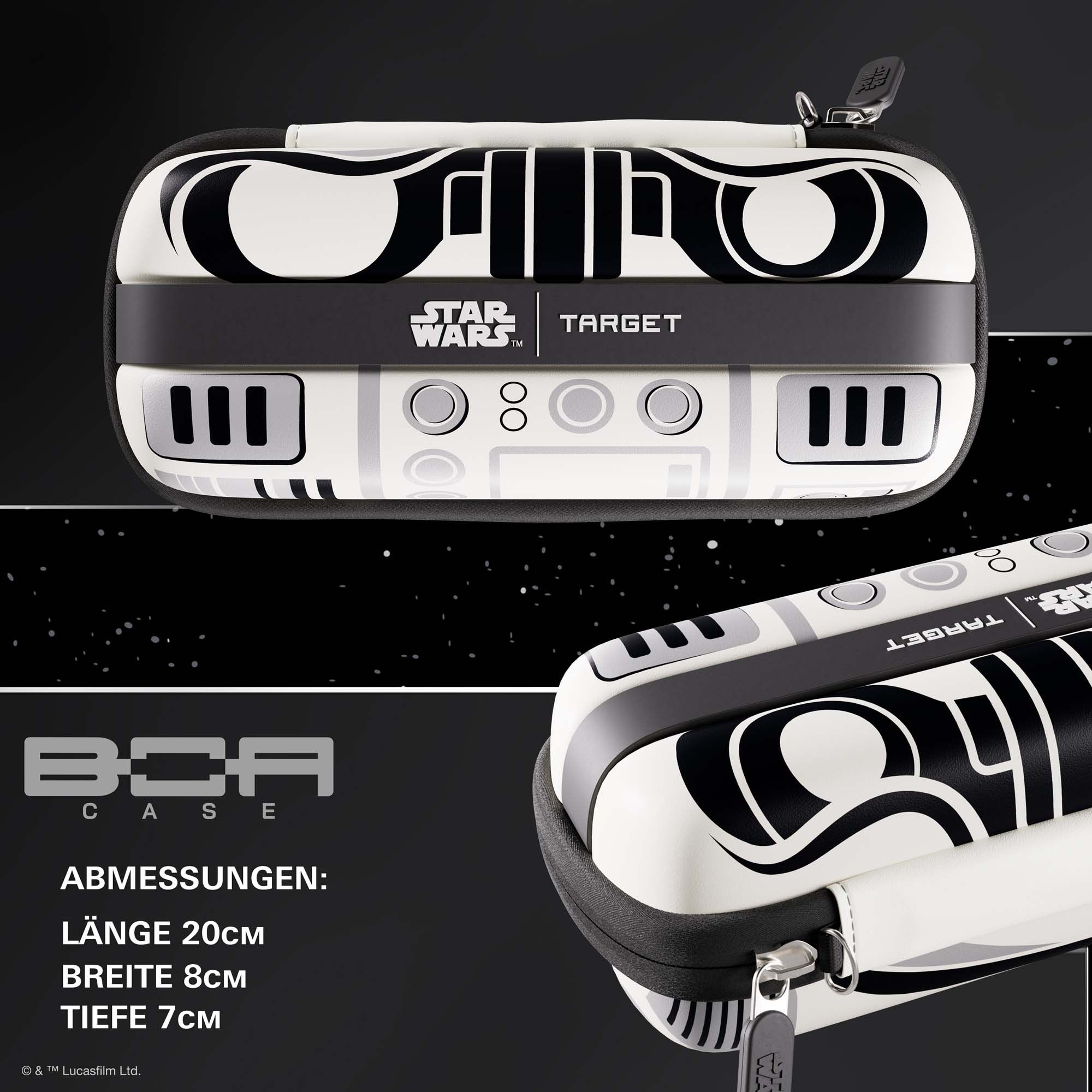 Target Star Wars Boa Dartcase - Stormtrooper Auf diesem Bild sieht man das Target Star Wars Boa Dartcase im Stormtrooper Design. Das Dartcase ist im Stil der Star Wars Stormtrooper gestaltet.