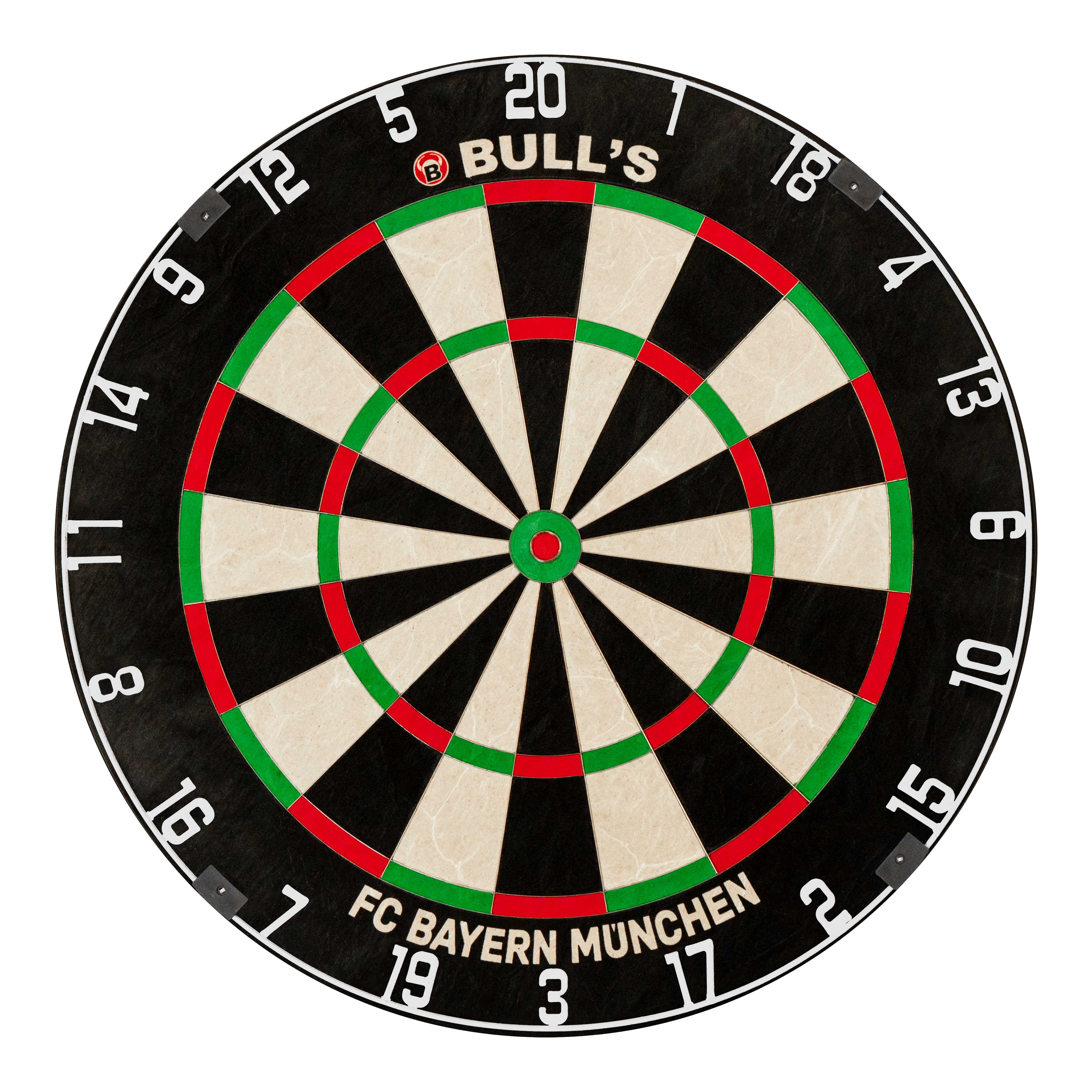 Auf dem Foto ist das Bulls FC Bayern München Bristle Steeldartboard zu sehen. Diese Dartscheibe ist mit dem Branding des FC Bayern München gestaltet.