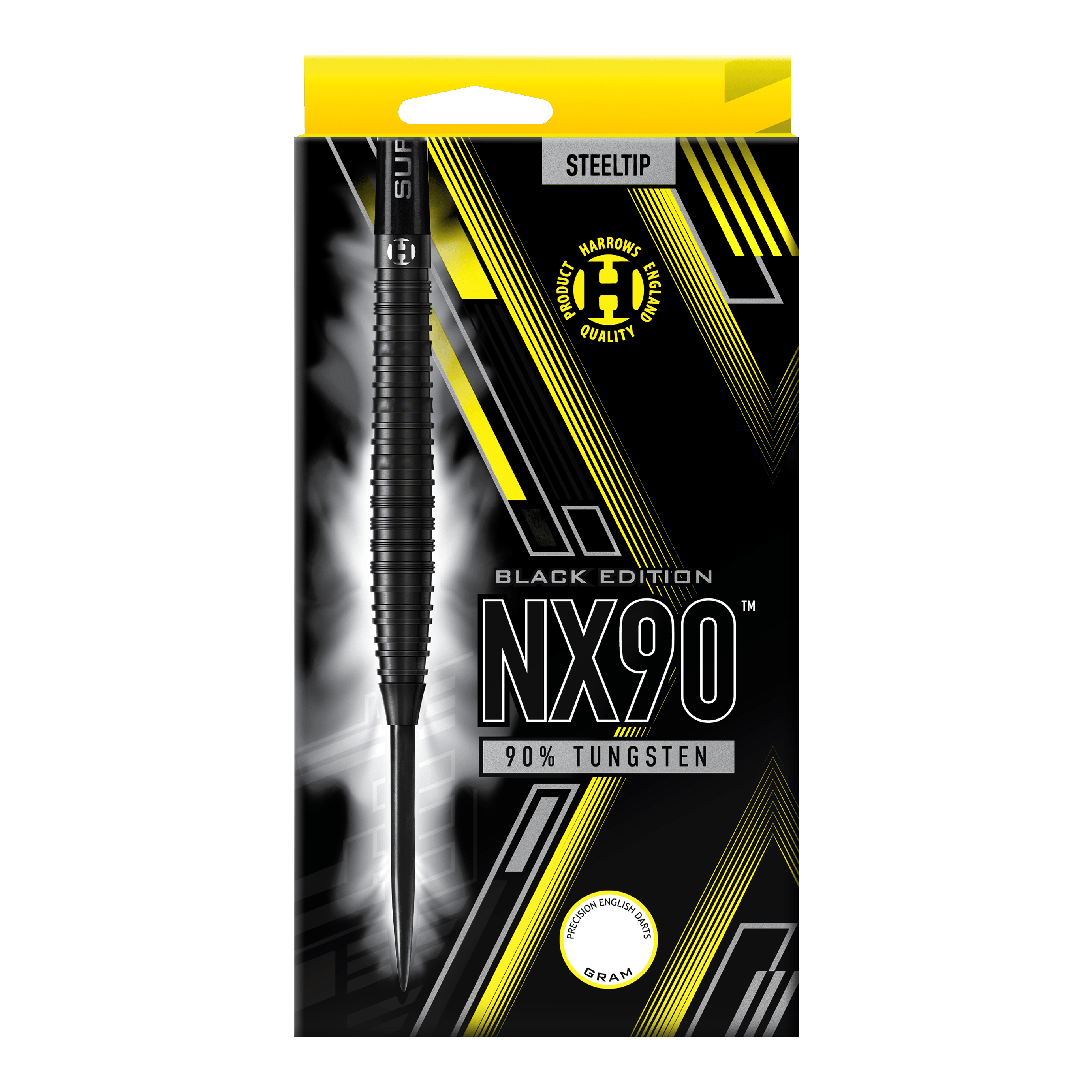 Harrows NX90 Black Edition steel darts Die Abbildung zeigt die Verpackung der "Harrows NX90 Black-Edition Steeldarts". Auf der Packung steht, dass die Darts aus 90% Tungsten bestehen.