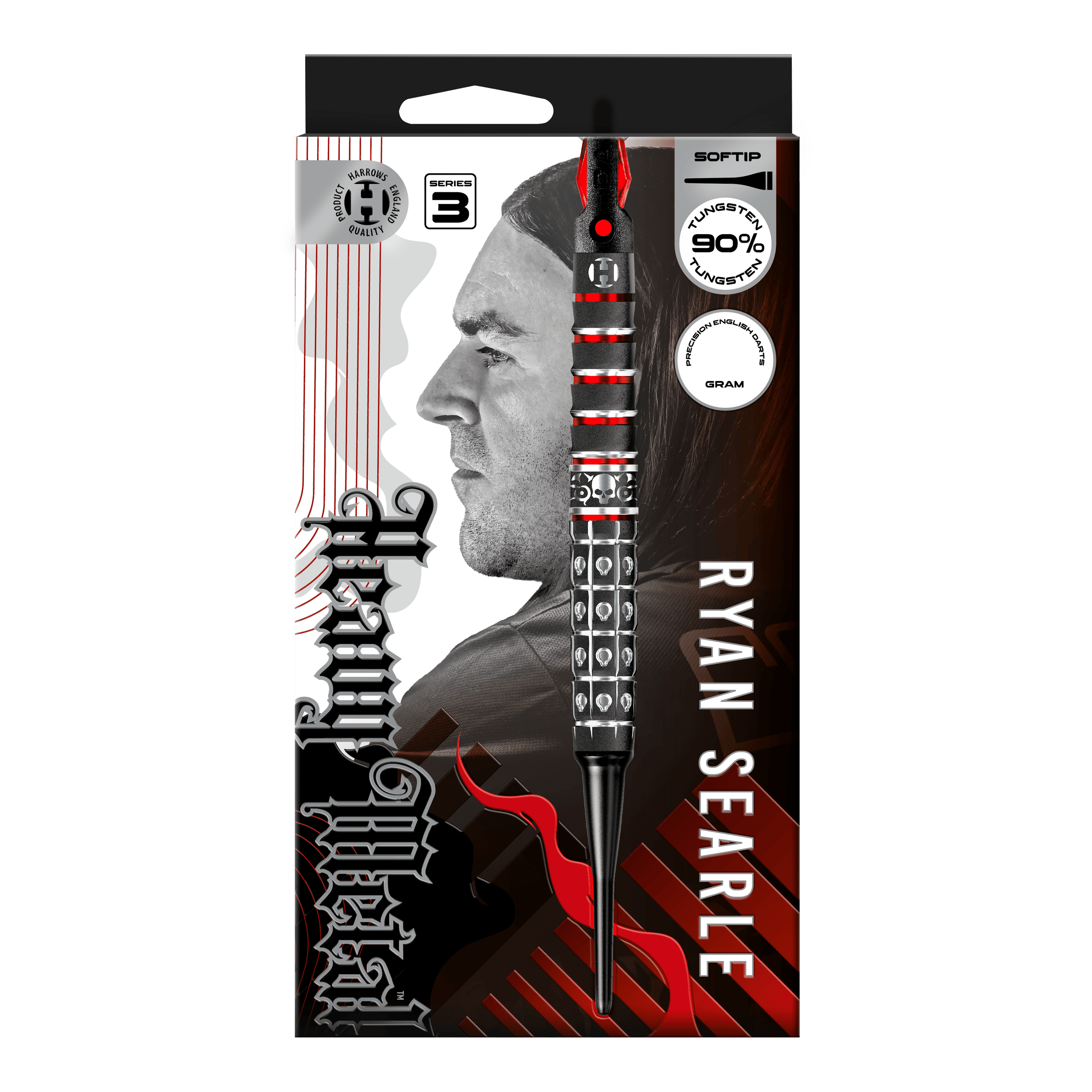 Harrow's Ryan Searle Series 3 soft darts Abgebildet ist Harrows Ryan Searle Series 3 Softdarts. Es handelt sich um einen Satz moderner Softdarts für Dartspieler.