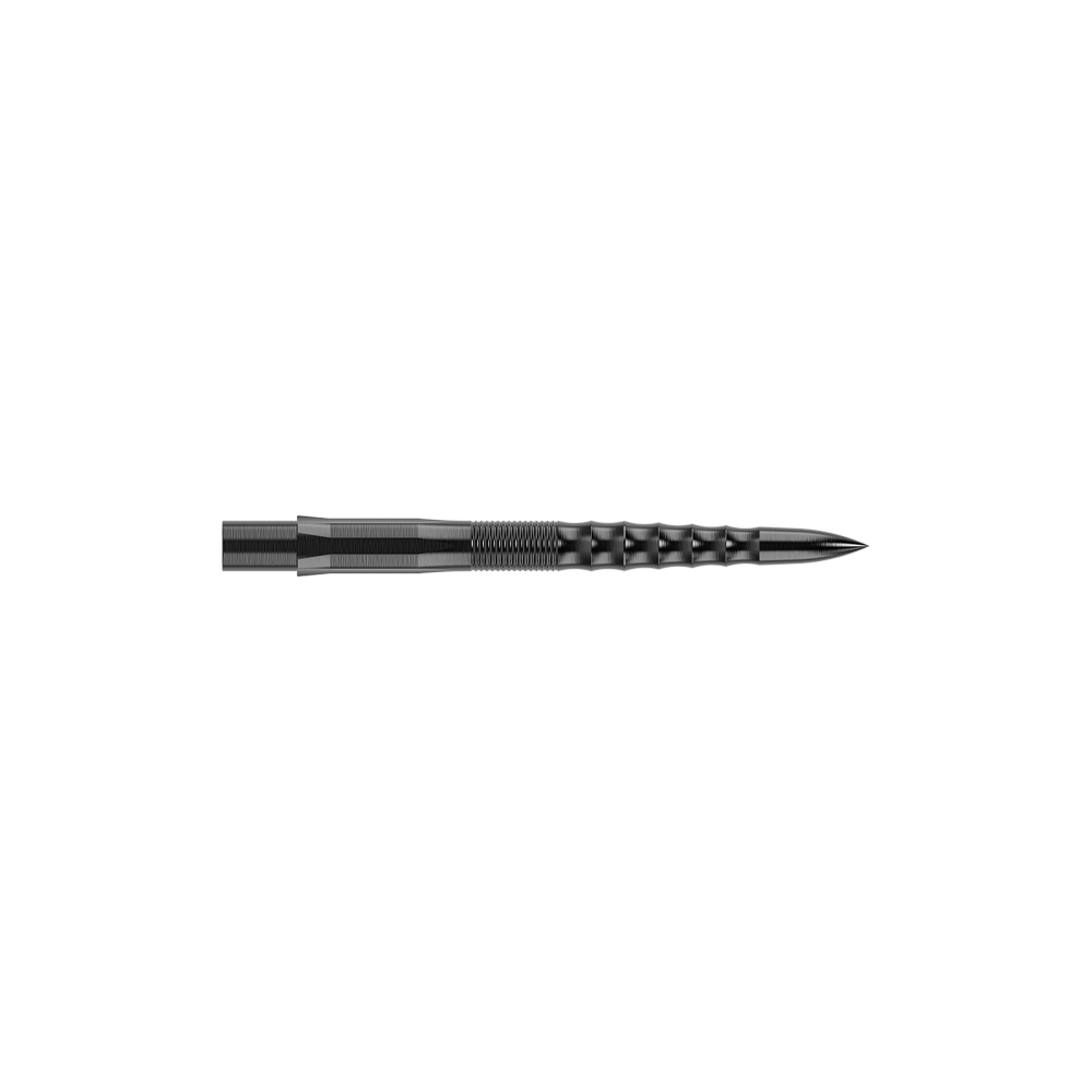 Mission Caliburn EVO Dart Tips - Ripple - Black Das Bild zeigt eine schwarze Steeldartspitze mit einer gerippten Oberflächenstruktur. Die Spitze ist gerade und hat eine Länge von 26 mm.