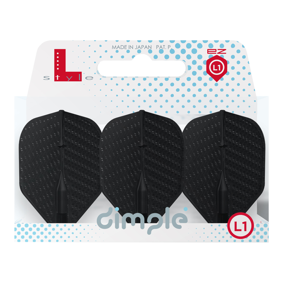 L-Style Flights Dimple Champagne L1EZ Standard Auf dem Bild sind drei schwarze Dart-Flights in einer Verpackung zu sehen. Die Verpackung trägt die Aufschrift "dimple" und "L1" und ist von der Marke L-Style.