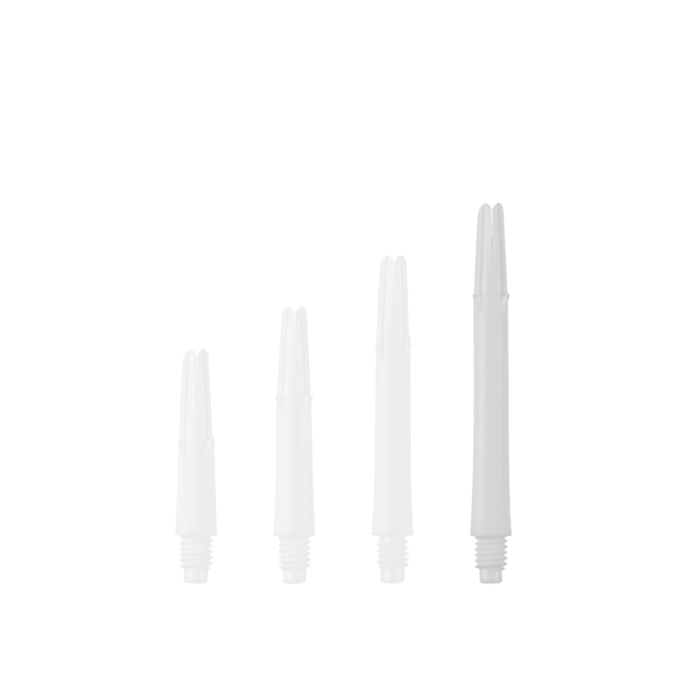 Das Bild zeigt vier weiße, gerade Dartshafts in unterschiedlichen Längen. Sie sind ohne Kappen und stehen nebeneinander aufgereiht.