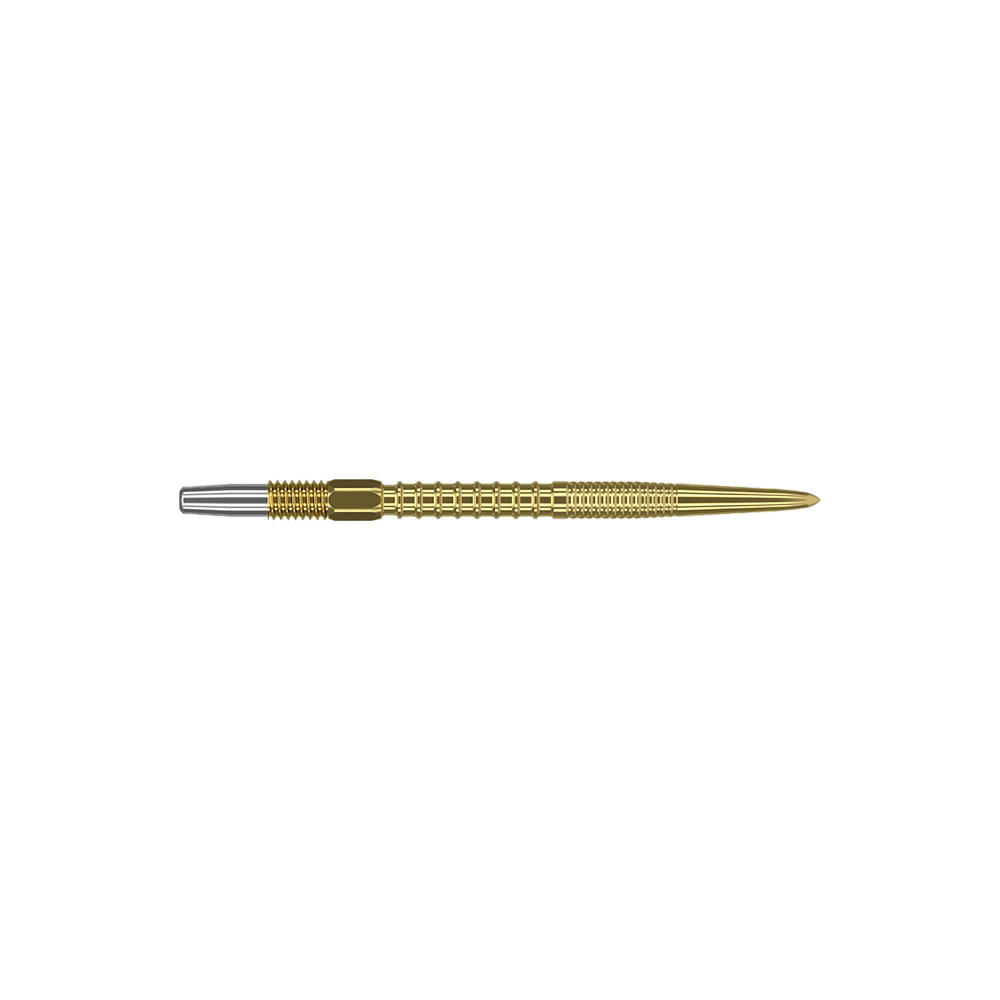 Target Swiss Firepoint Gold dart tips Auf dem Bild ist eine goldene Dartspitze mit einer silbernen Befestigung dargestellt. Die Spitze ist lang, fein gearbeitet und hat eine strukturierte Oberfläche.