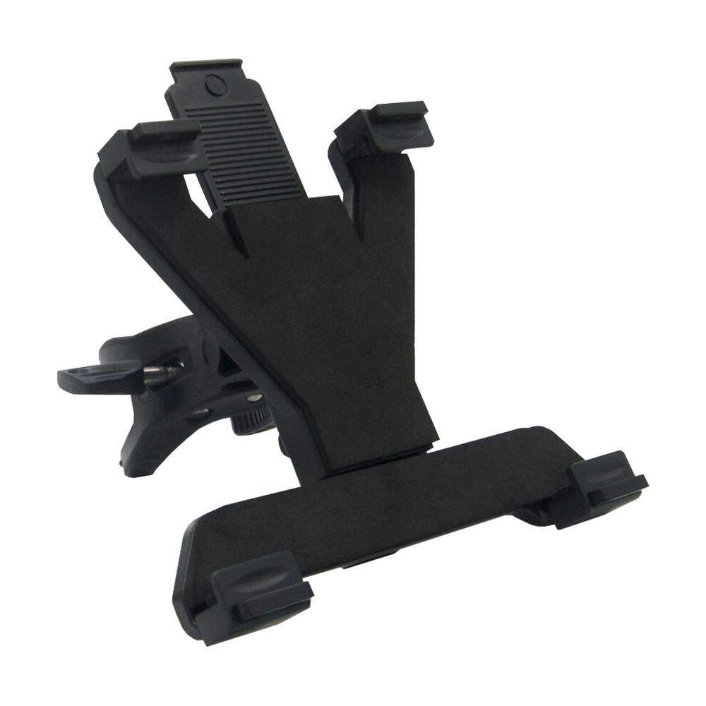 GRN0040_GranBoard_Tablet_Holder_1XQN5rpg5pyAvU Das Bild zeigt den GranBoard Tablet-Halter. Er ist schwarz und hat verstellbare Klammern, um ein Tablet sicher zu befestigen.