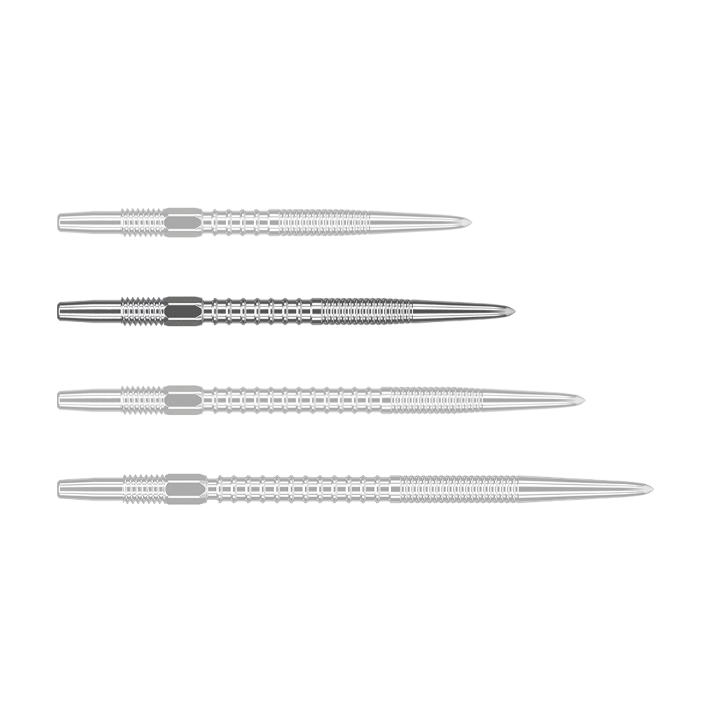 Target Swiss Firepoint Silver dart tips Auf dem Bild sind vier silberne Dartspitzen nebeneinander zu sehen. Sie haben eine geriffelte Oberfläche und sind spitz zulaufend.