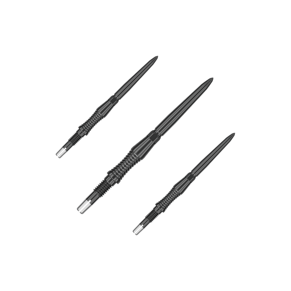 Target Swiss Point Dart Tips Signature RST - Black Das Bild zeigt schwarze Dartspitzen mit RST-Design, 30mm, von Target Swiss Point. Die Aufnahme präsentiert die Spitzen als Set.