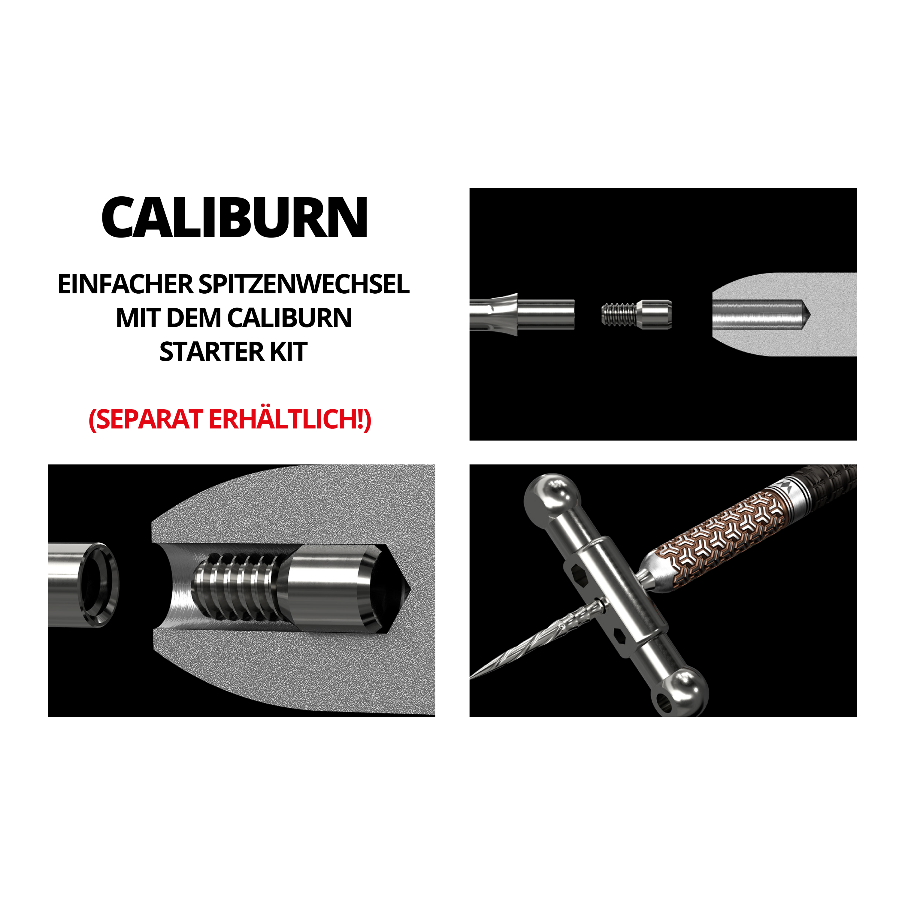 Das Bild zeigt technische Zeichnungen und Detailansichten eines Steeldart-Systems namens Caliburn EVO. Es werden verschiedene Bauteile und deren Montageoptionen grafisch dargestellt.