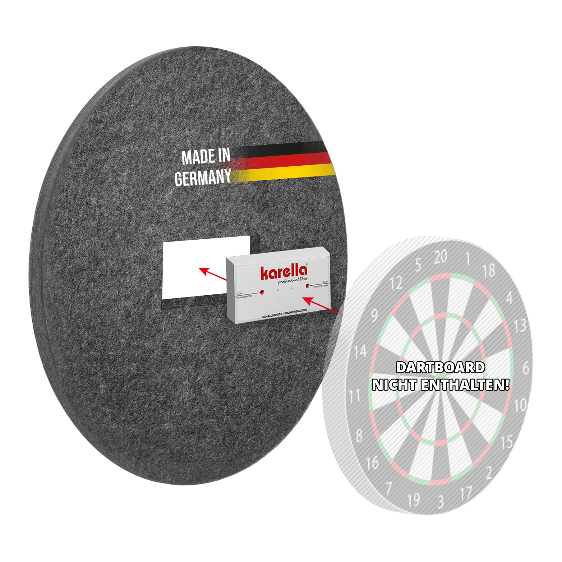 Karella soundproofing for steel dartboards with integrated surround ring Dieses Bild zeigt den Schallschutz Karella für Steeldartboards mit integriertem Surround Auffangring. Das Produkt dient zur Geräuschdämmung beim Dartspielen.