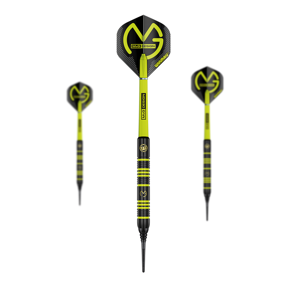 Winmau Michael Van Gerwen MvG Ambition Softdarts - 20 g Das Bild zeigt drei Softdarts des Modells "Winmau Michael Van Gerwen MvG Ambition" mit einem Gewicht von 20 g. Die Darts sind schwarz-gelb gestaltet und tragen das MvG-Logo auf den Flights.