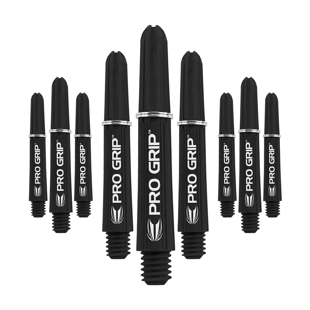 Target Pro Grip Shafts - 3 Sets - Black Das Bild zeigt neun schwarze Dartschäfte mit der Aufschrift "PRO GRIP". Die Schäfte sind in drei 3er-Sets nebeneinander angeordnet.