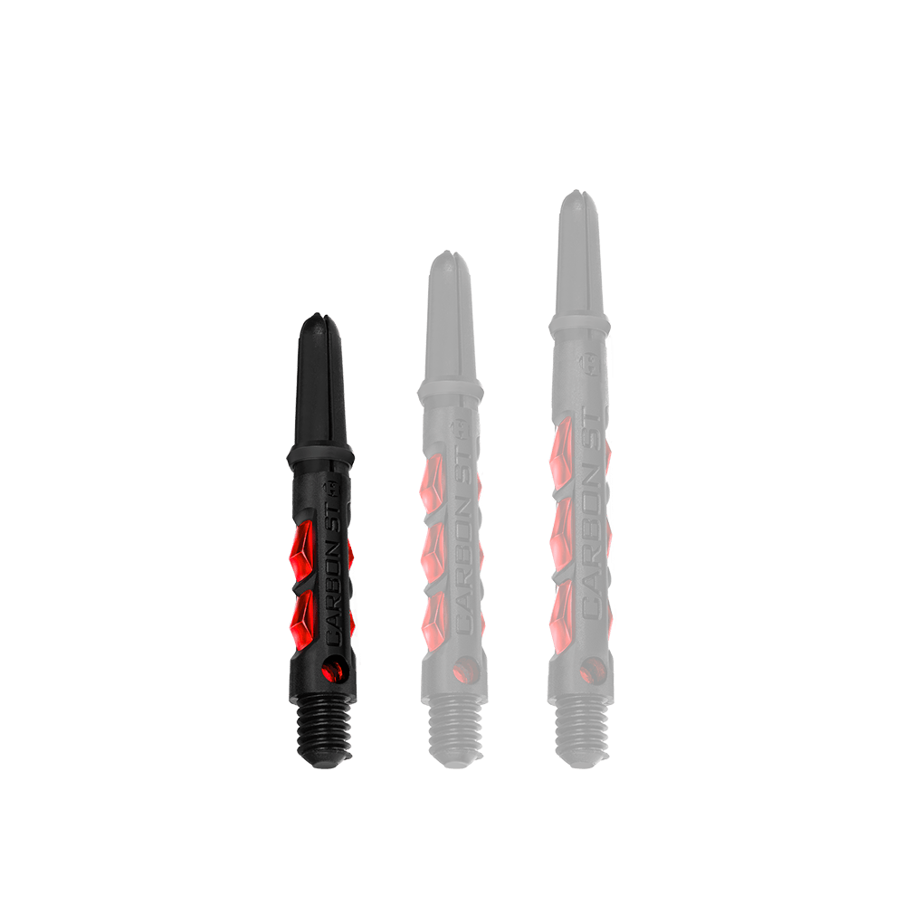 Das Bild zeigt drei Harrows Carbon ST Shafts in der Farbe Rot. Die Dartschäfte sind schwarz mit roten Akzenten und in verschiedenen Längen dargestellt.