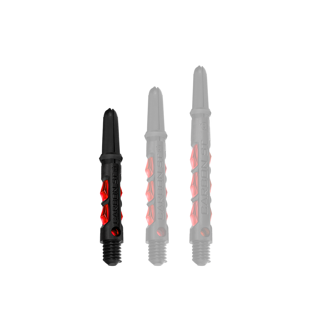 HR431_Harrows_Carbon_ST_Shafts_Rot_33mm_1qtMFqgx1pEQN2 Das Bild zeigt drei Harrows Carbon ST Shafts in der Farbe Rot. Die Dartschäfte sind schwarz mit roten Akzenten und in verschiedenen Längen dargestellt.